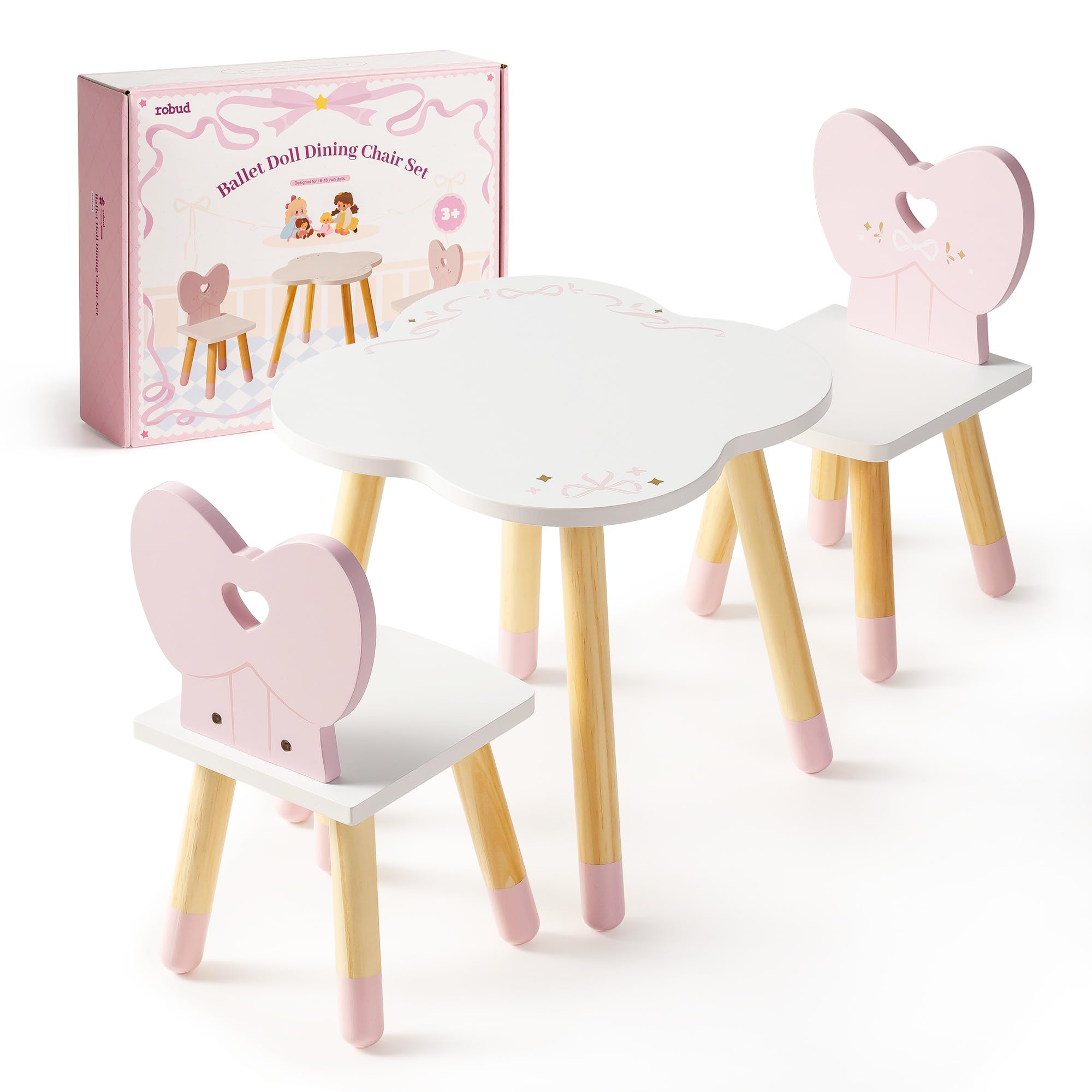 ROBUD Juego de mesa y silla para muñecas de 3 piezas de madera con respaldo de lazo en forma de corazón y mesa de nube, ideal para jugar y muñecas de menos de 45 cm, regalo para niñas a partir de 3