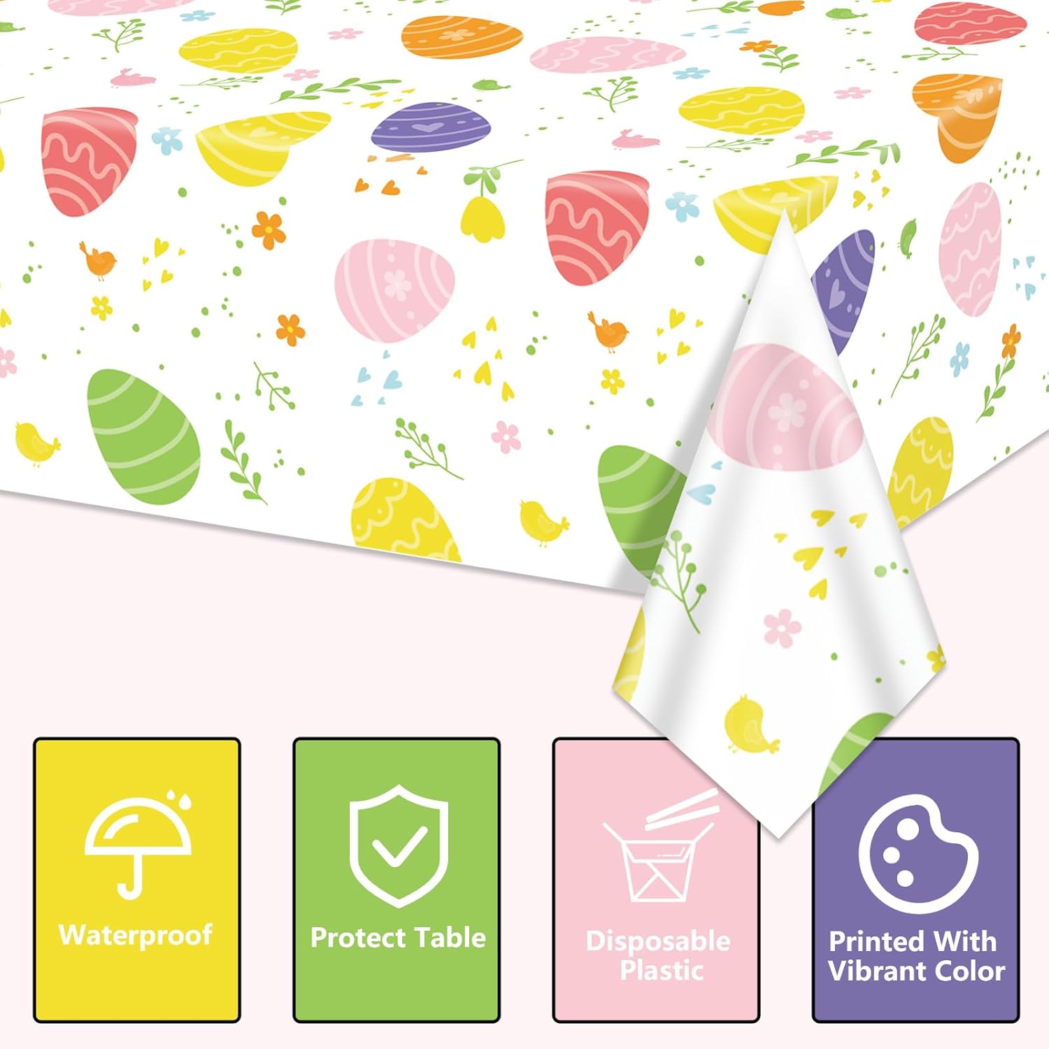 4Pcs Easter Party Plastic Tablecloths - Colorful Easter Eggs Theme Table Cover, Rectangular Easters Floral Spring Table Decorations for Picnic Home Kitchen Dining Party Supplies, 51 x 86.6 Inch
