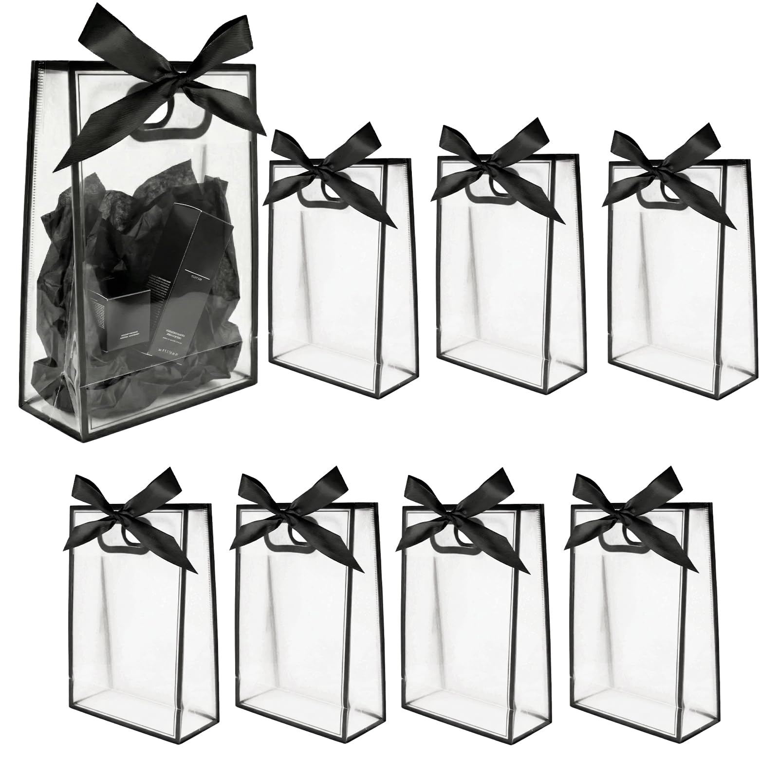 JEKUGOT 8 Pcs Girls Party Bags with Handle, PVC Clear Gift Bags with Ribbon Bow, Clear Black Gift Bag for Baby Shower, Birthday Party, Wedding Bridal, Valentine's Day