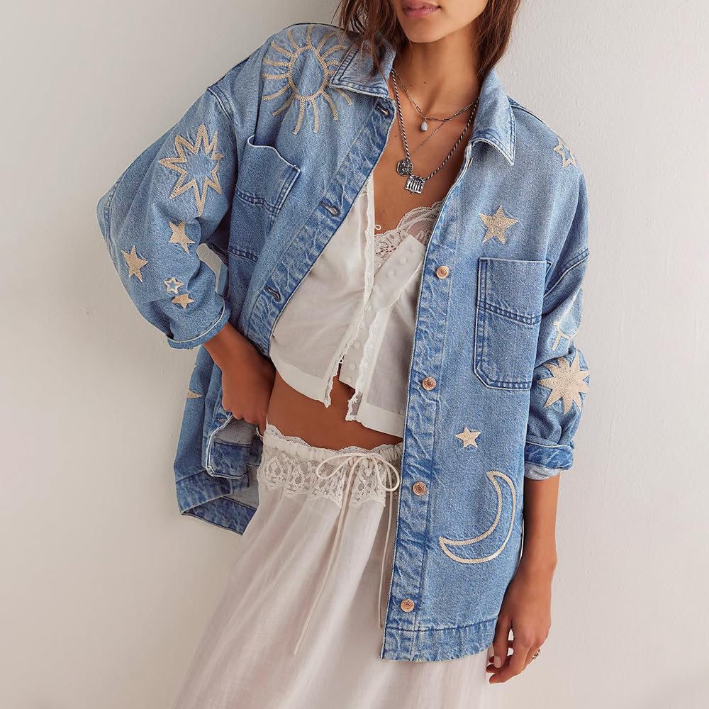 utcoco Chaqueta de mezclilla vintage de gran tamaño para mujer, bordada, casual, holgada, con botones