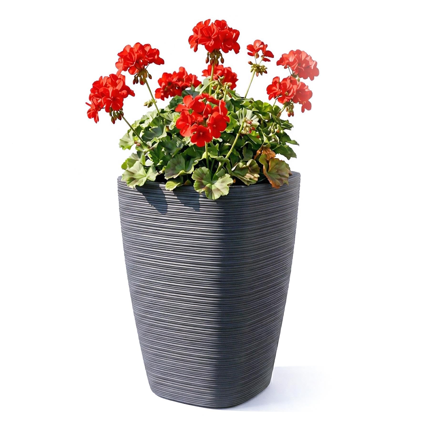 GEEZY Dark Grey Tall Square Ribbed Plant Pot with Insert, 43 x 28.9 cm - Weather Resistant Indoor & Outdoor Planter - Modern Flower Pot for Living Room, Garden & Patio