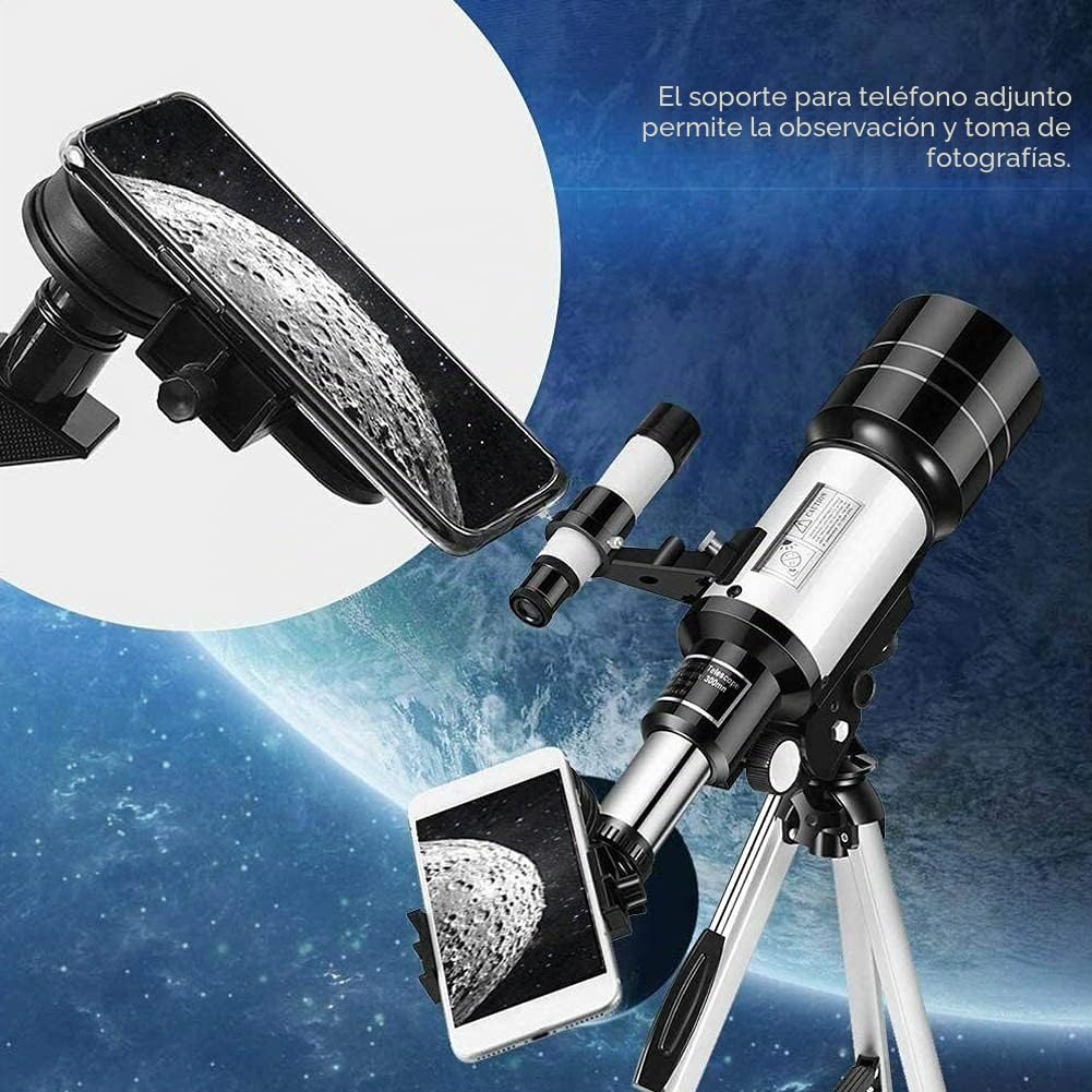 Telescopio para Astronomía Adultos y Niños Principiantes - 150X Refractor Astronómico 300X70mm con Trípode y Adaptador para Smartphone