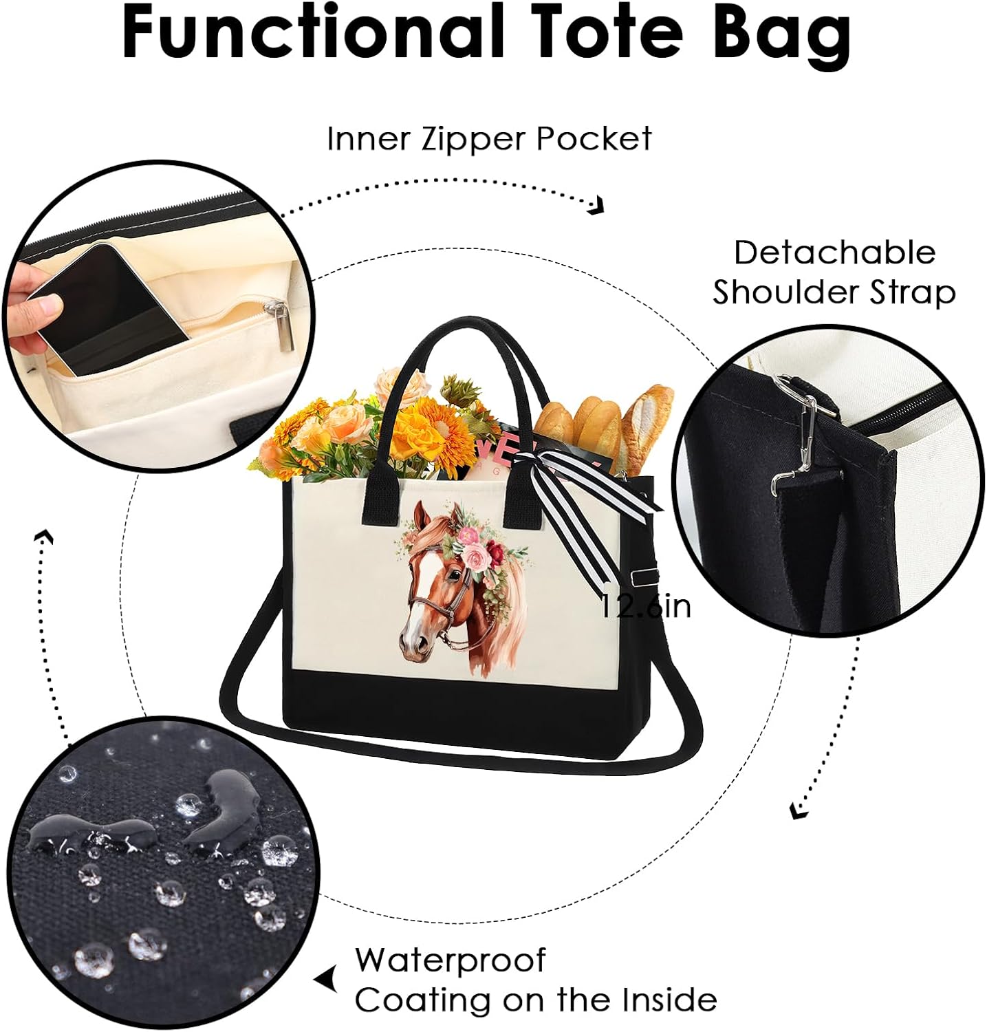 Horse Canvas Tote Bag - Horses Lover Gifts Bags Flower Horses Watercolor Large Personalized Crossbody Totes With Zipper Reusable Handbag Present Holiday Birthday Gift for Her Women Mom - Image 6