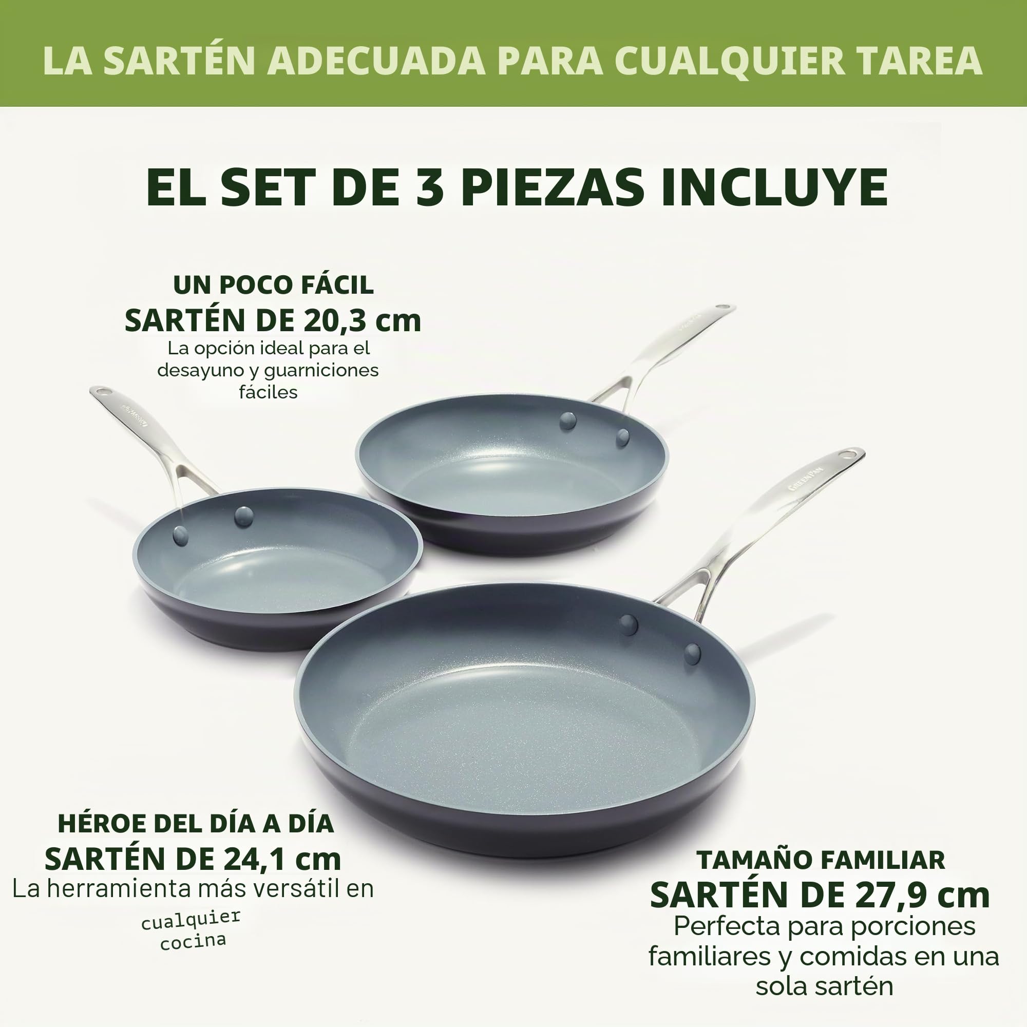 Greenpan Valencia Pro - Juego de sartenes anodizadas duras de 3 piezas, cerámica antiadherente de 8, 9.5 y 11 pulgadas, aptas para inducción, utensilios de cocina sin PFA, aptos para lavavajillas,