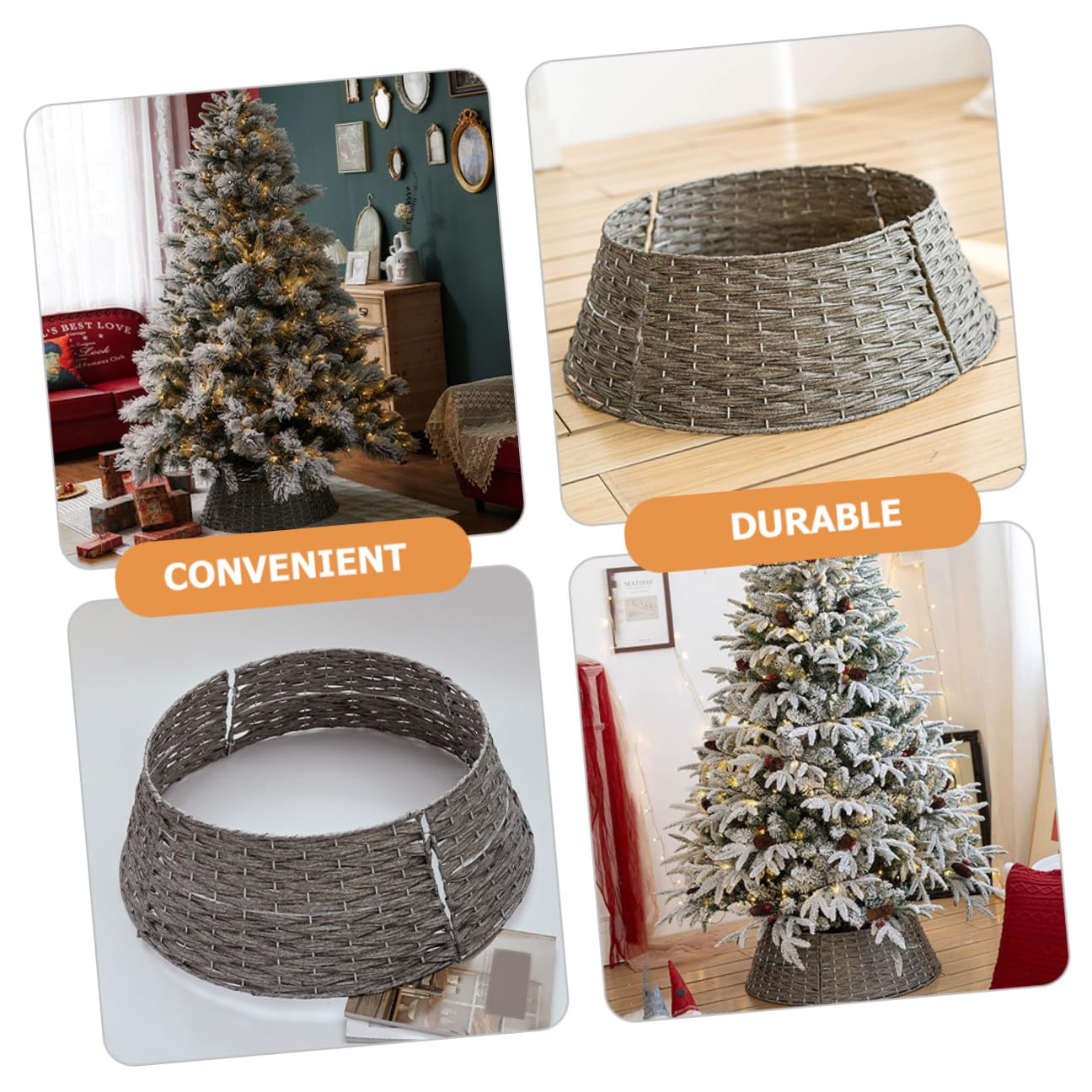 Falda de Árbol de Navidad Rústica Tejido Manual Plástico Gris Pequeña Collar Decorativo para Árbol Artificial Base Circular para Decoración Interior y Exterior Navideña