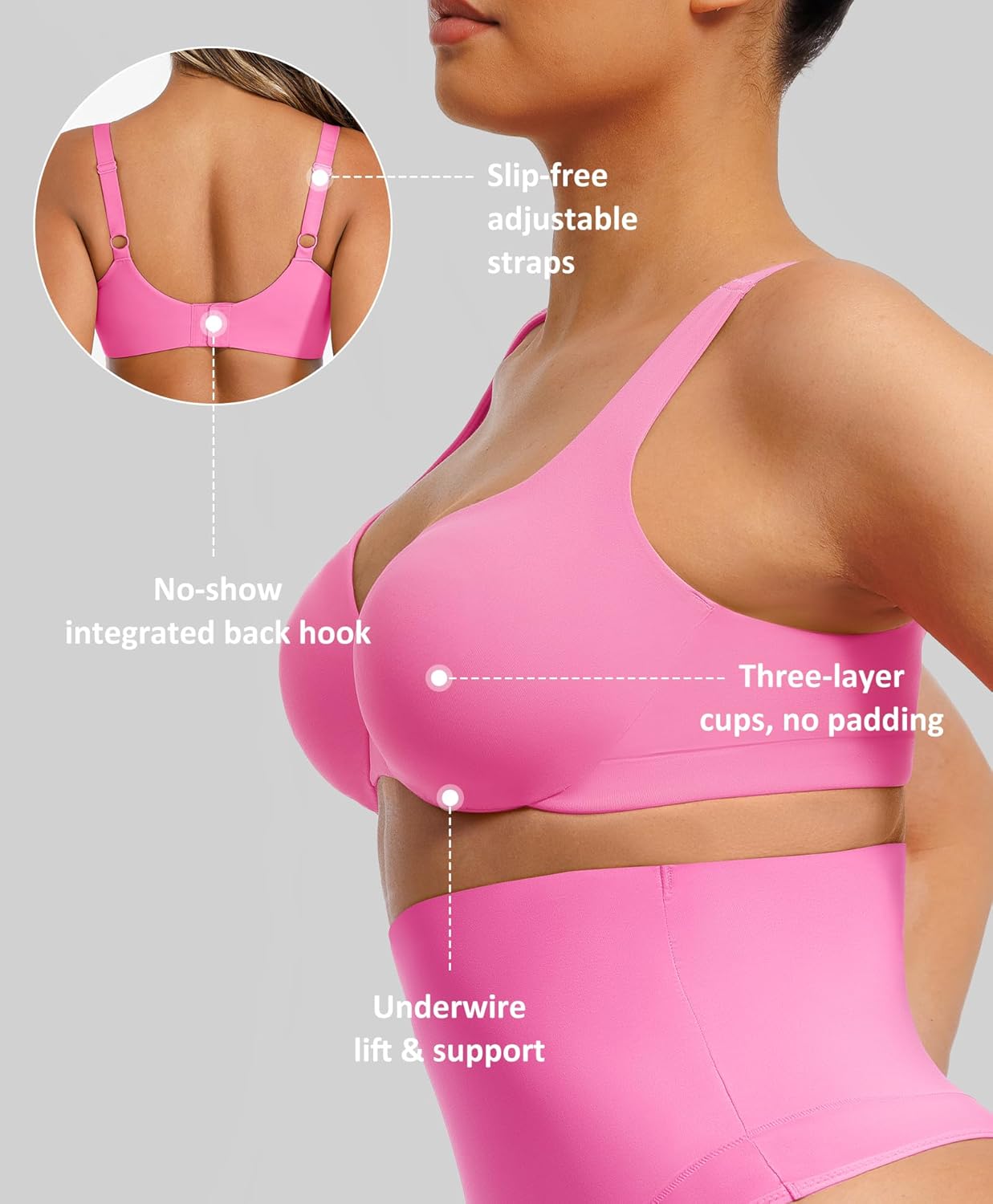FeelinGirl Plunge Bras for Big Women Underwire V Neck No Padded Lifting Bra Full Coverage Everyday Bras Pink 34B - Image 3