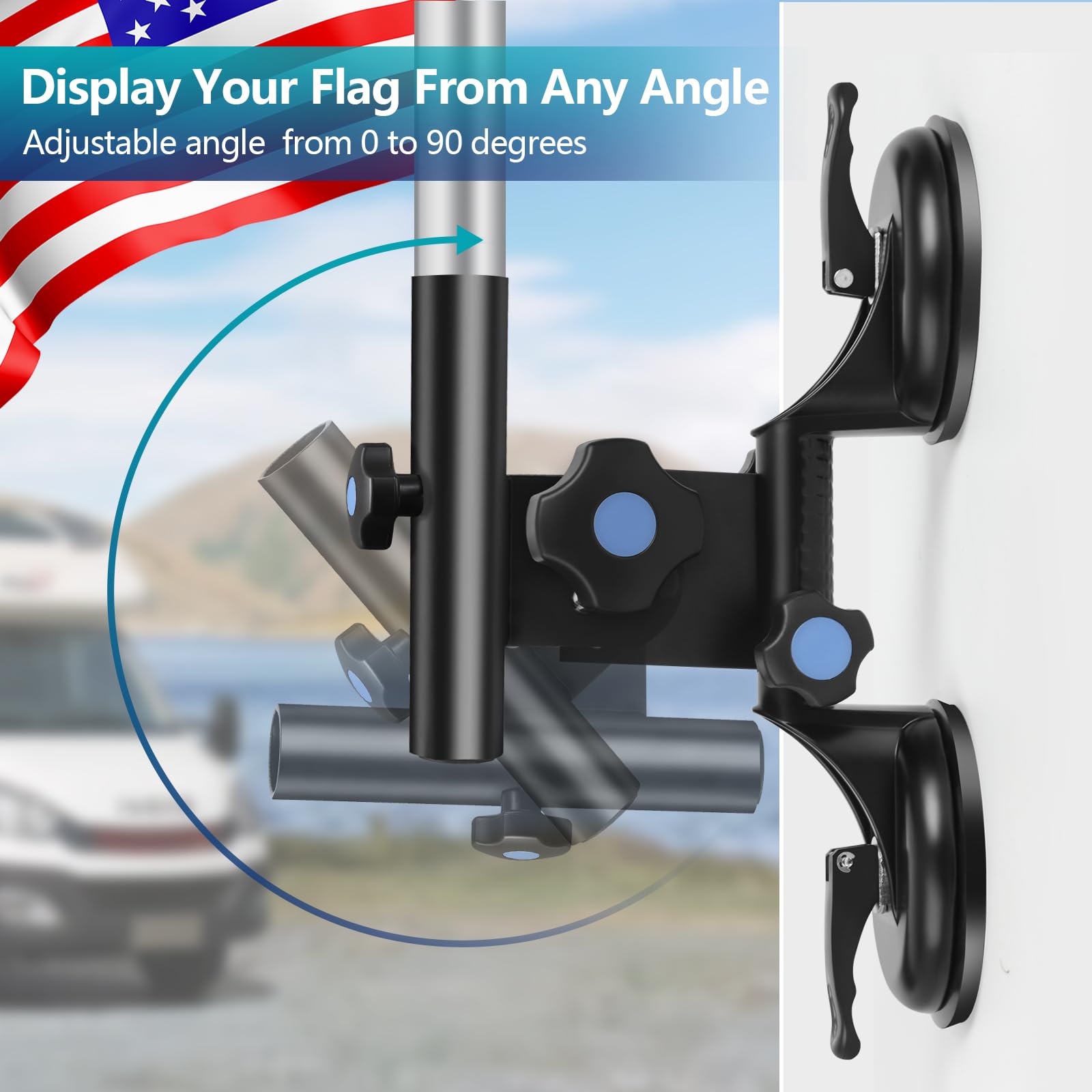 Suction Cup Flag Pole Holder for Rv, Rv Flagpole Mount Kit with Angle Adjustable, Quick Flag Pole Mount for Holds Flags,Heavy Duty Flagpole Holder for Camper, Truck, Trailer, Yacht,Boat,Vehicle