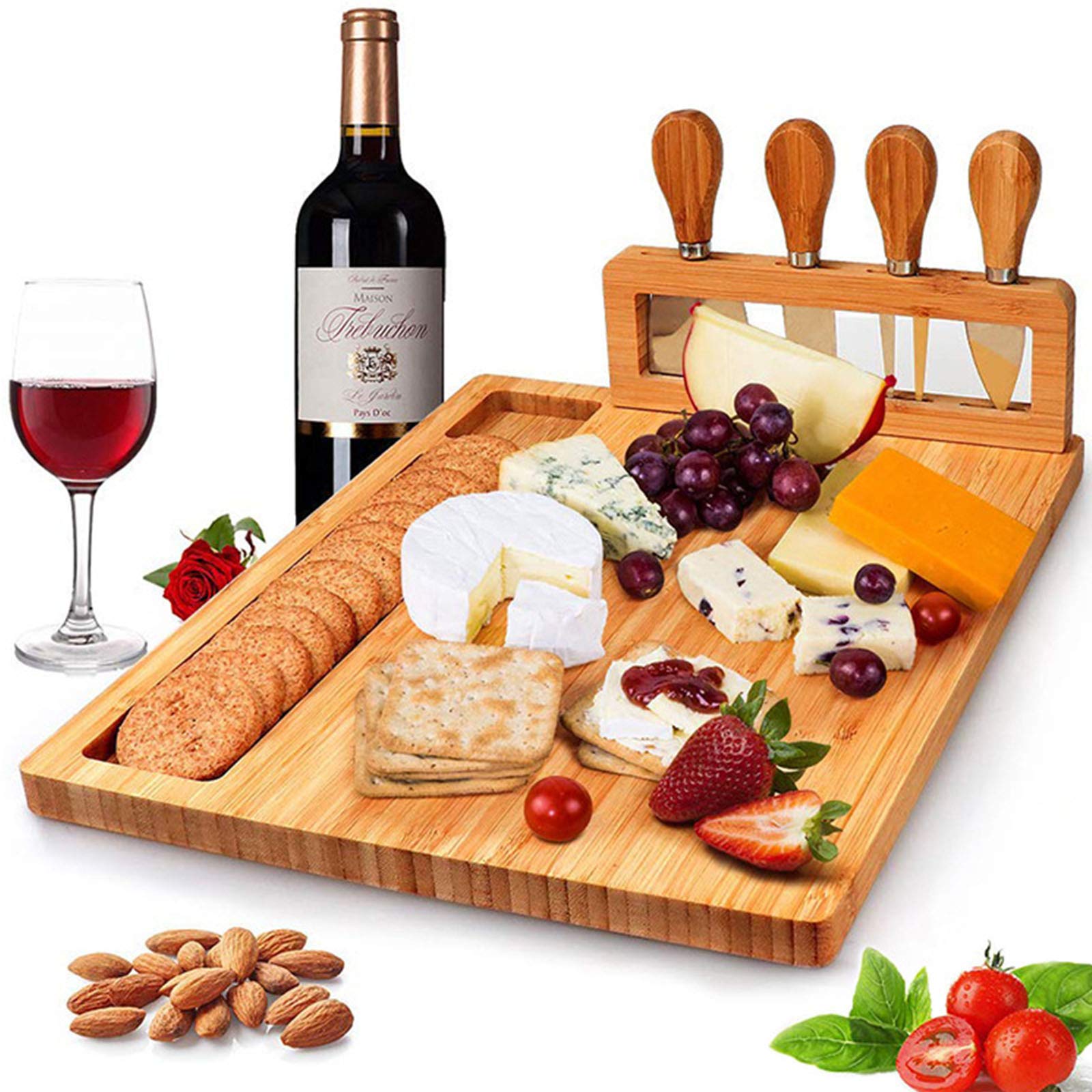 B BEARALS Bamboo Cheese Board, Charcuterie Platter Including 4 Stainless Steel Knife, Cheese Platter Board for Christmas, Wedding, Birthday Gifts