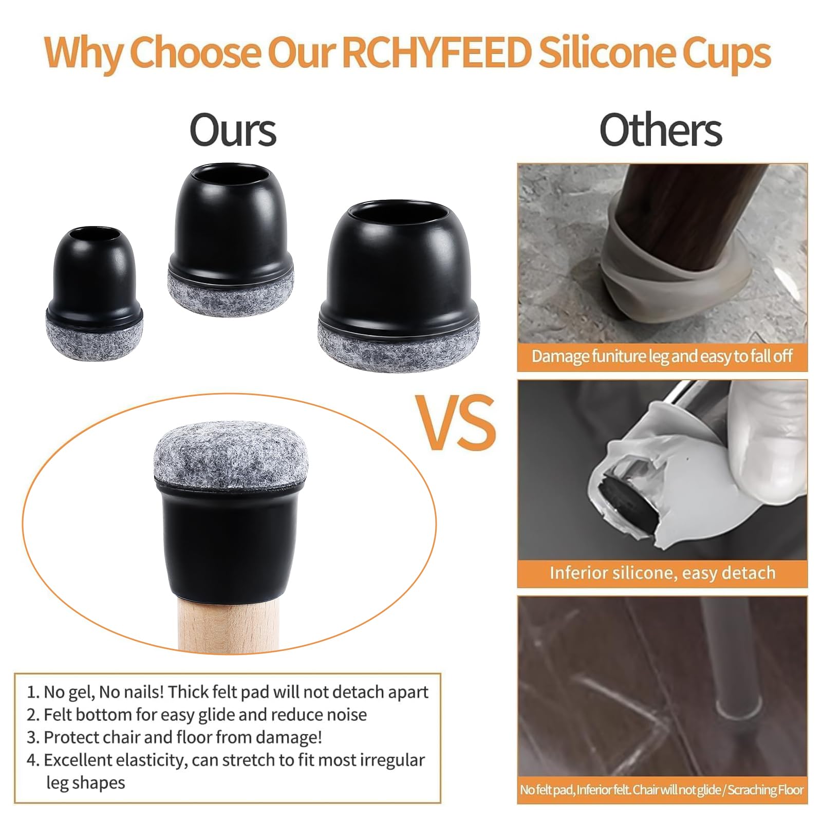 RCHYFEED 24 stuks siliconen stoelpootbeschermers met vilt, geschikt voor 15 °-25° meubelpoten, elastische bescherming voor stoelpoten, krasbescherming, stoelpootbeschermers (fit: 14-20 mm RCHYFEED 24 stuks siliconen stoelpootbeschermers met vilt, geschikt voor 15 °-25° meubelpoten, elastische bescherming voor stoelpoten, krasbescherming, stoelpootbeschermers (fit: 14-20 mm