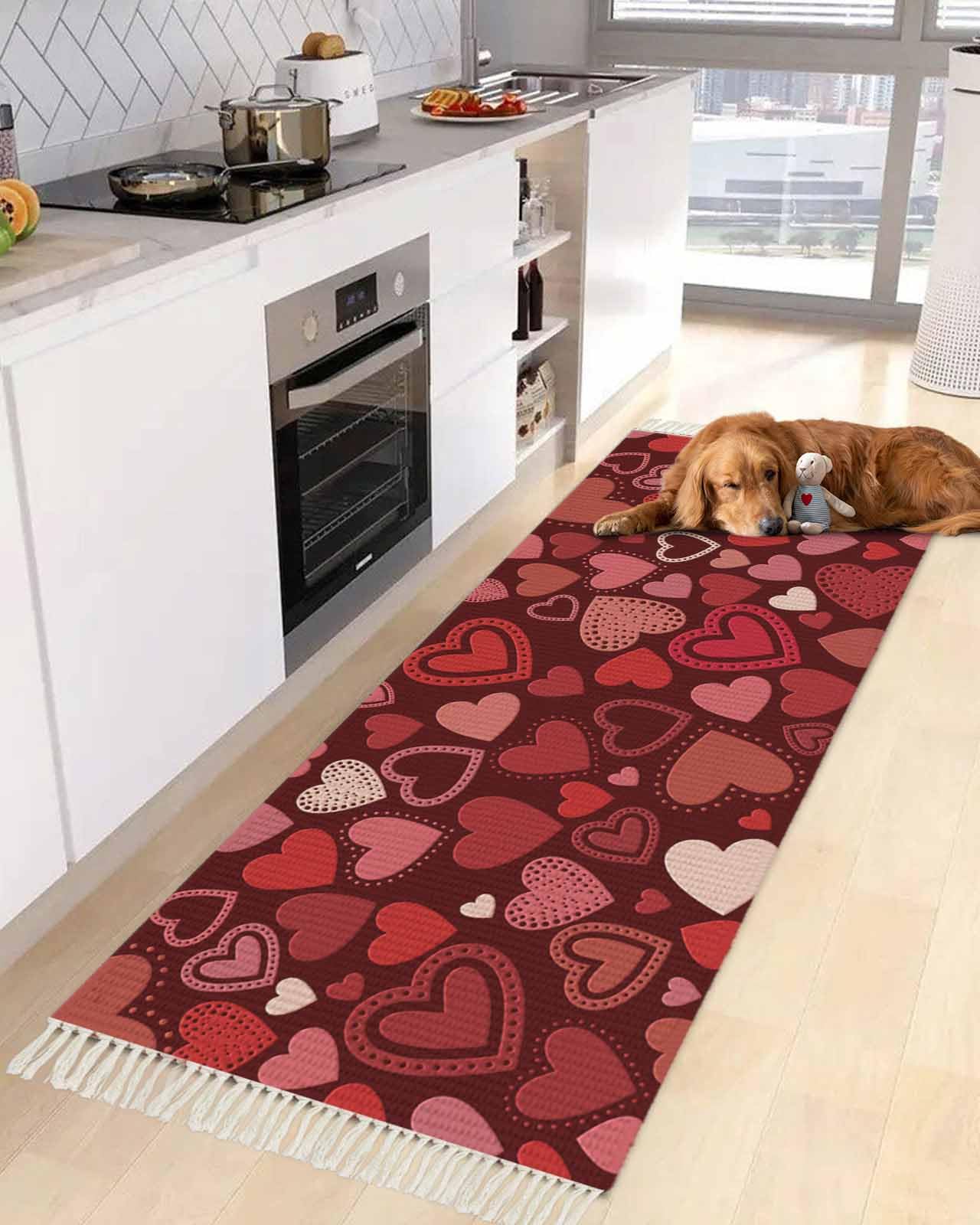 Valentine's Day Red Kitchen Runner Rug 2x5 Bedside Rug with Tassel Cotton Woven Throw Rugs Washable Hallway Runner Rug Modern Love Heart Floor Carpet