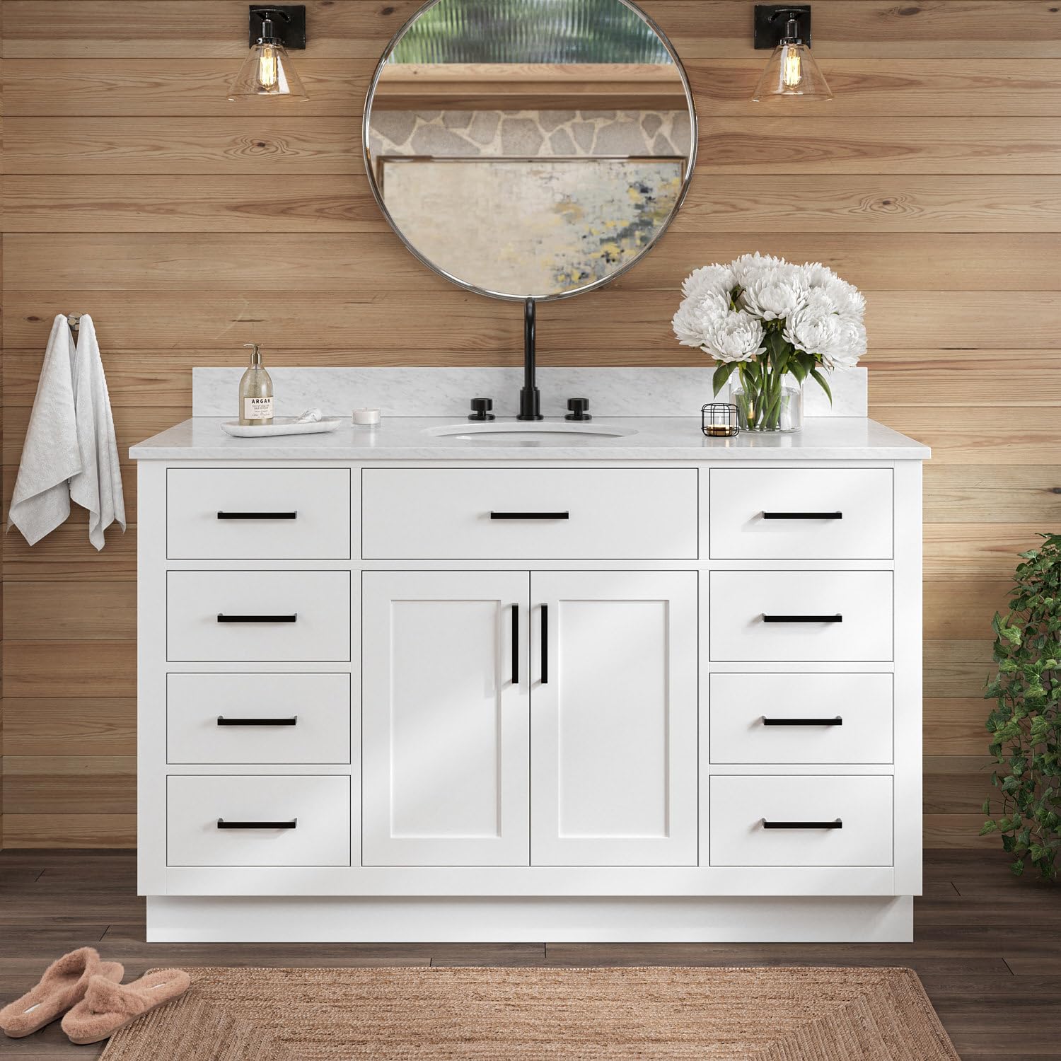 ARIEL Bathroom Vanity 55" White with Italian Carrara Marble Countertop & Backsplash, Center Oval Sink, 2 Soft Closing Doors, 9 Full Extension Dovetail