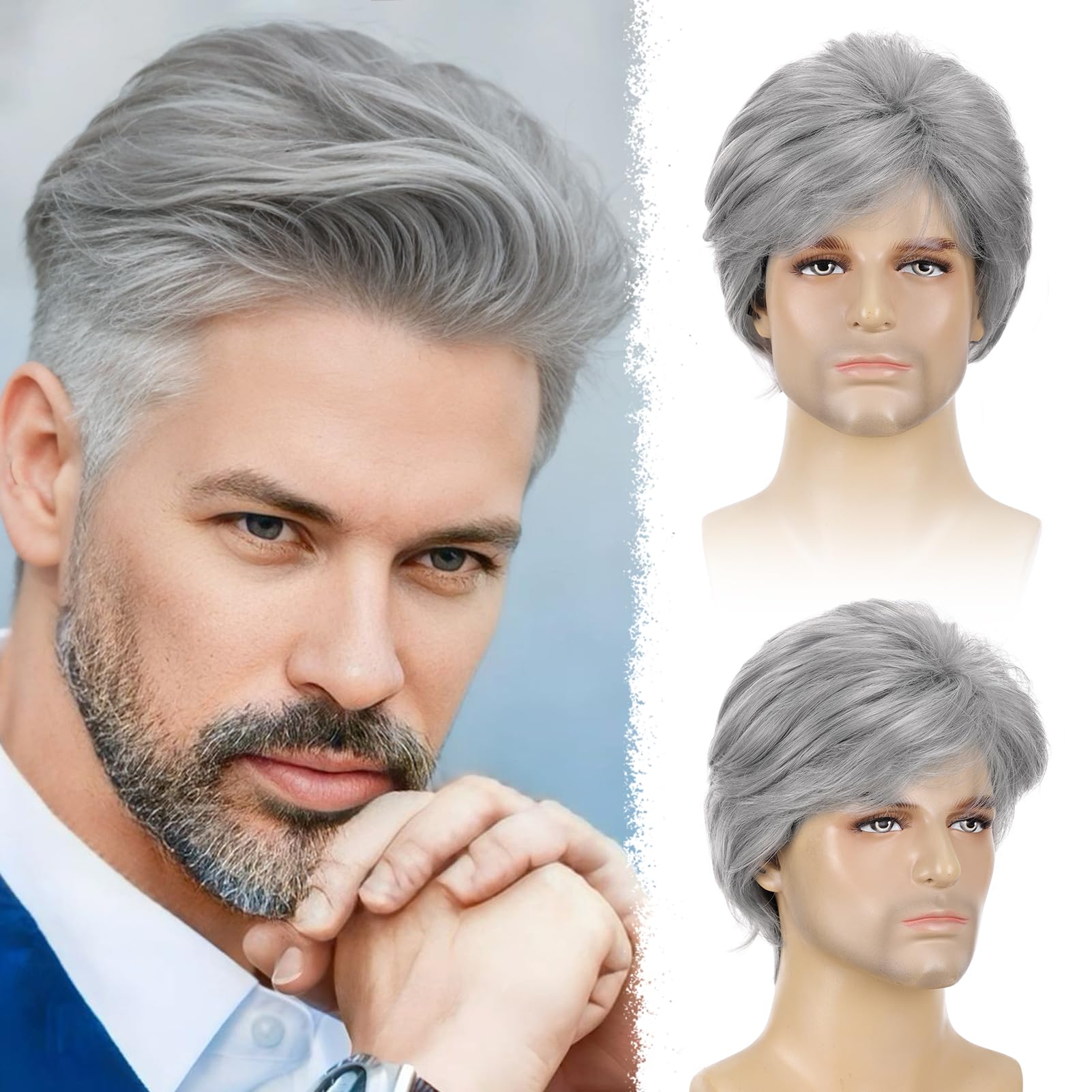 Peluca corta para hombre, color gris plateado, cabello sintético en capas naturales, resistente al calor, para hombre, hombre, hombre, diario, Halloween 2