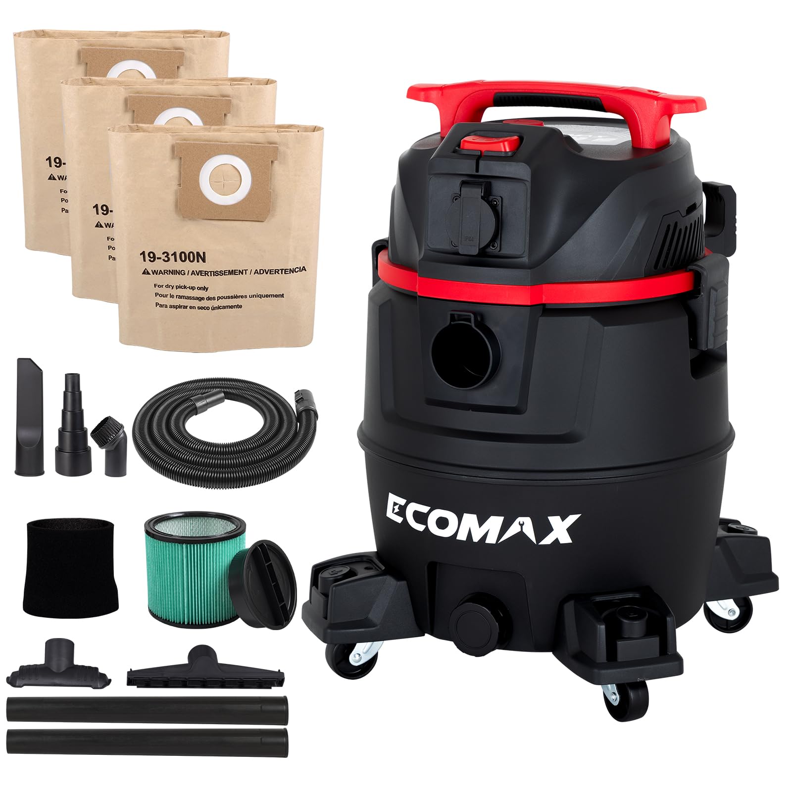 ECOMAX Shop Vac, Dust Extractor, 8 Gal 6.5 HP HEPA Vacuum for Power Tool