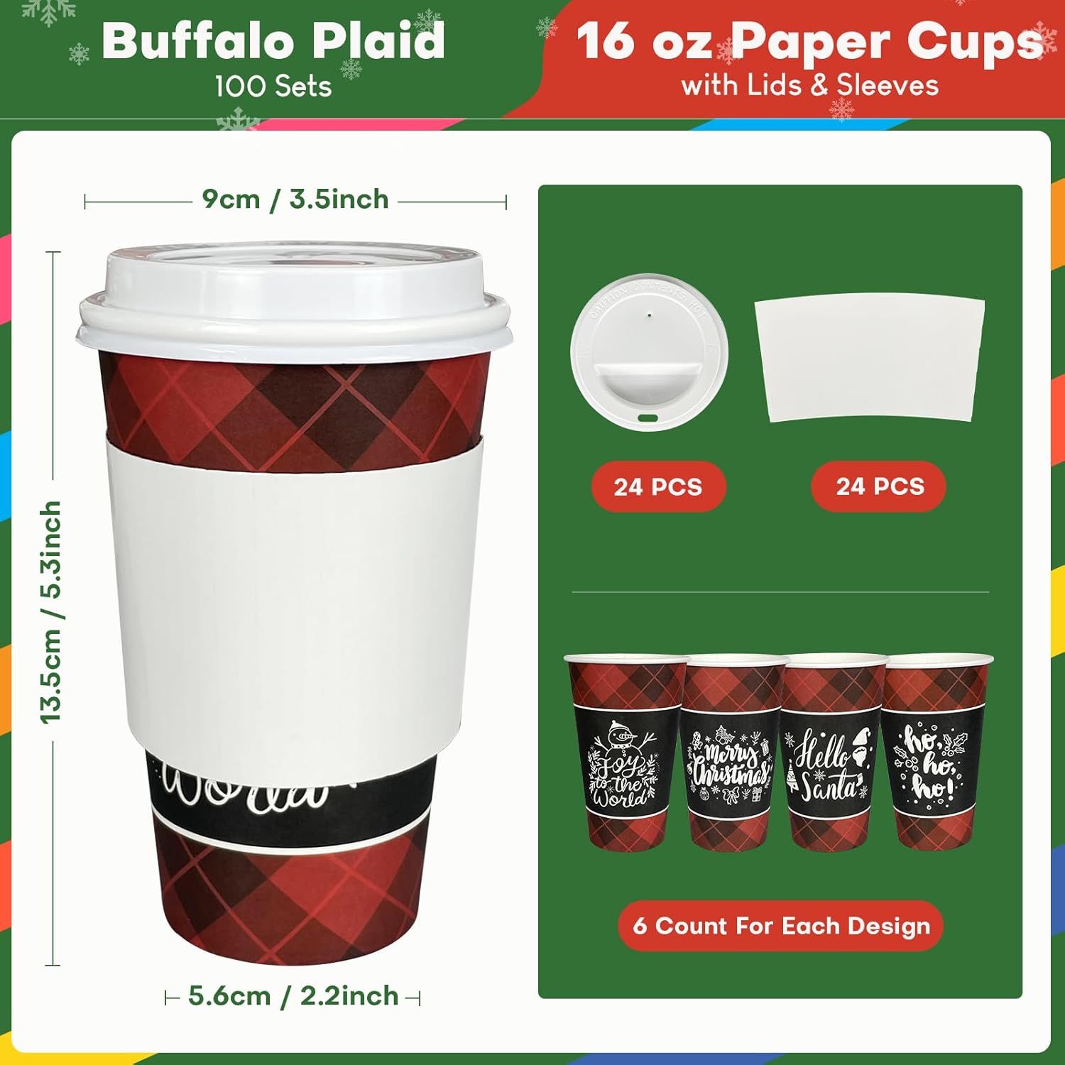 Disposable Coffee Cups with Lids for 100 Guests 16 oz, Christmas Buffalo Plaid Hot Cups for Coffee/Tea/Water/Juice, Xmas Premium Party Tableware Sets for Holiday, Winter, School, Family