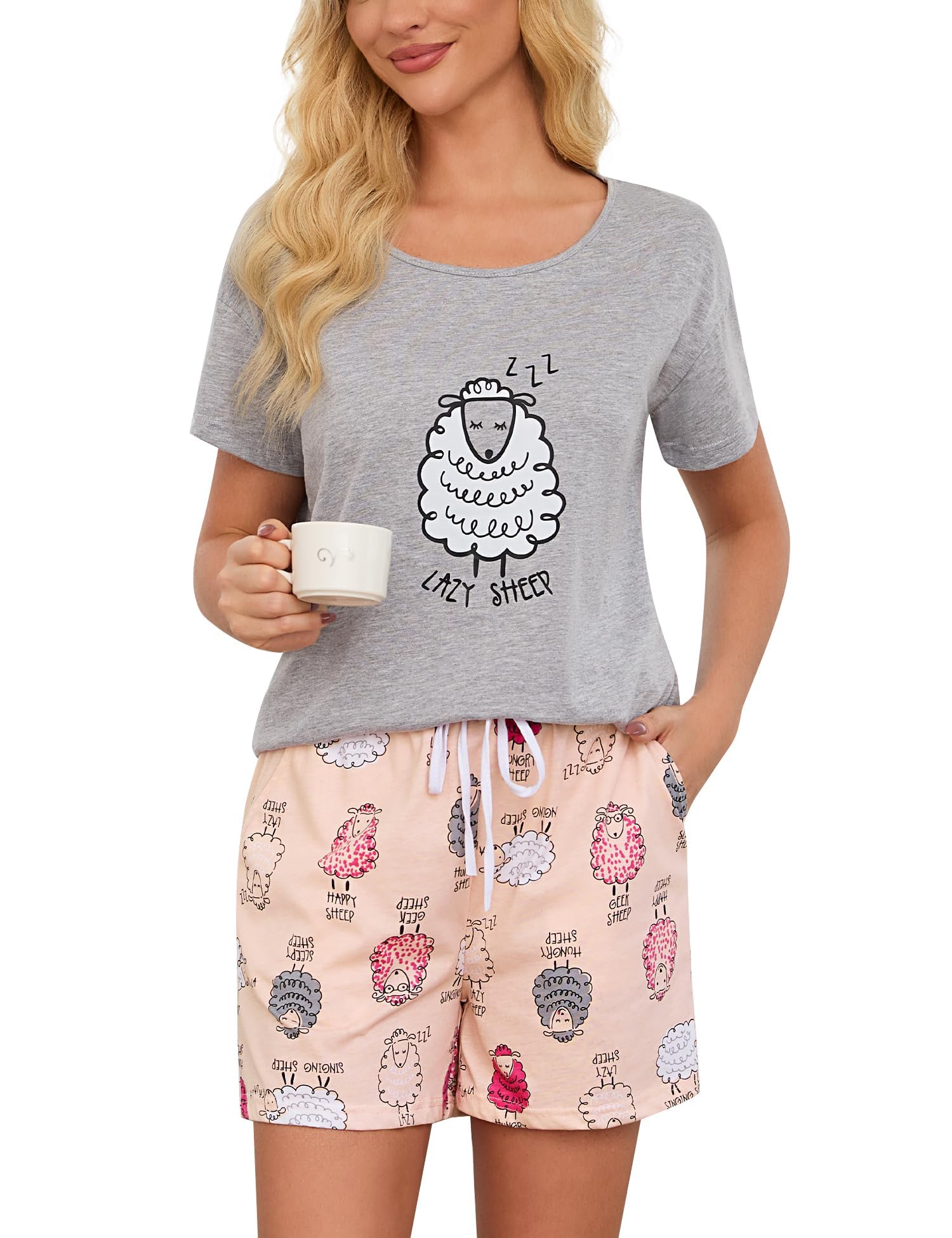ENJOYNIGHT Womens Pajama Shorts Sets Cotton Pjs Summer Cute Sleepwear with Pockets
