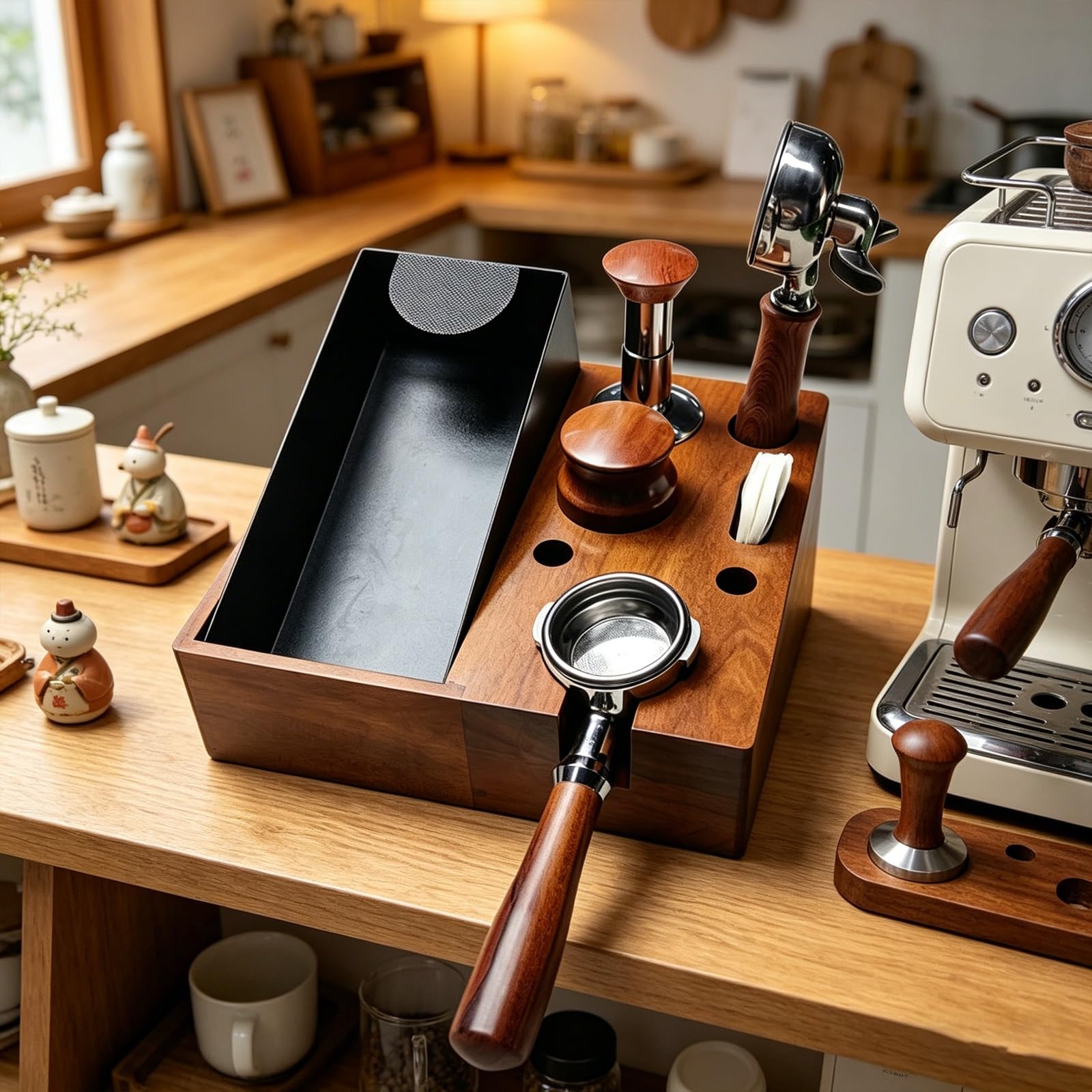 Knock Box - Stazione di pressatura del caffè in legno di noce, design ergonomico con base antiscivolo, scatola di compressione per manici da 51 mm, 53 mm e 58 mm, ideale per casa, ufficio e bar (53 mm
