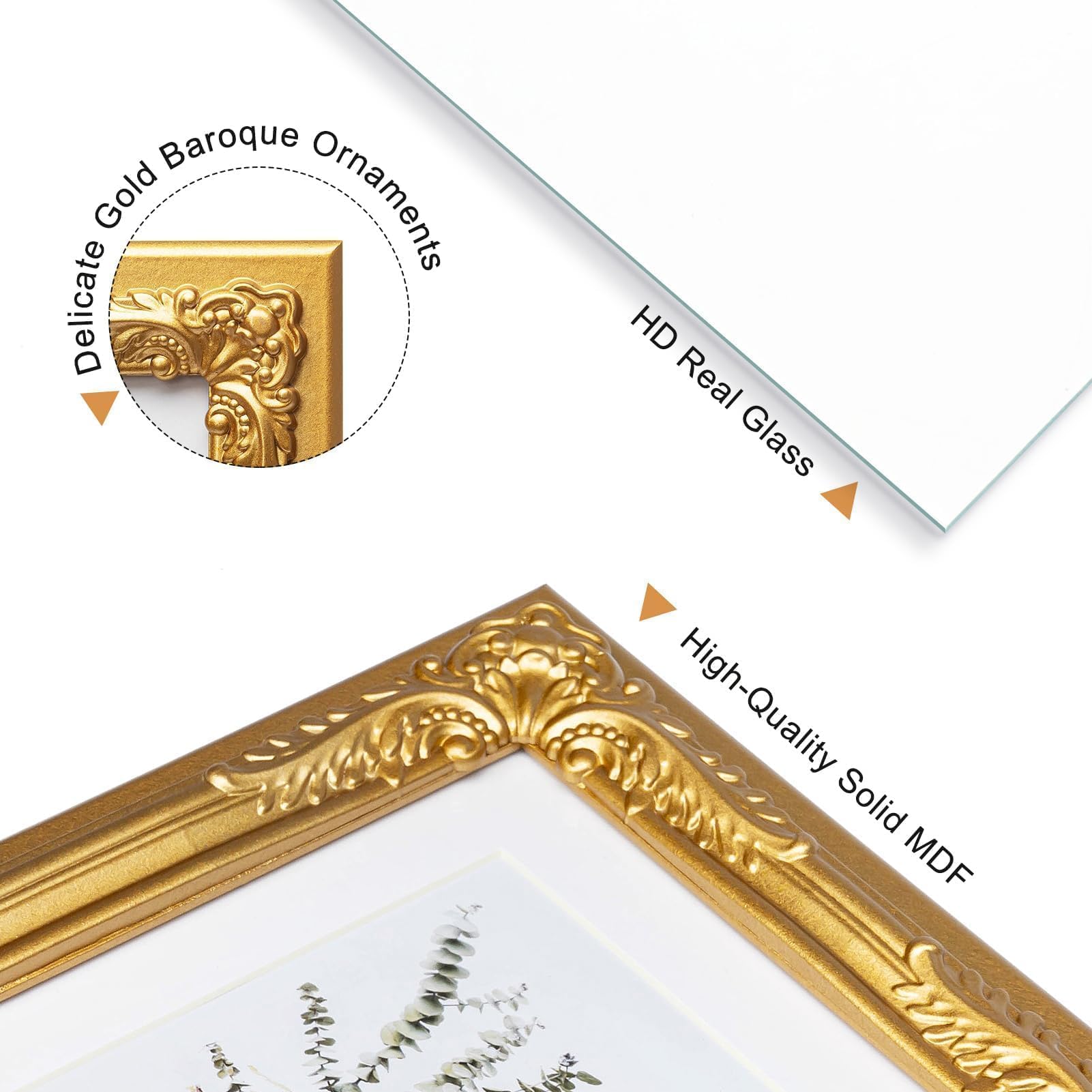 Ozdobna ramka na zdjęcia w stylu vintage, złota z barokowym wykończeniem kwiatowym, lite drewno z prawdziwym szkłem, wyświetlacz 6 x 8 zdjęć, matowe do 10 x 15 cm, pionowe i poziome biurko na