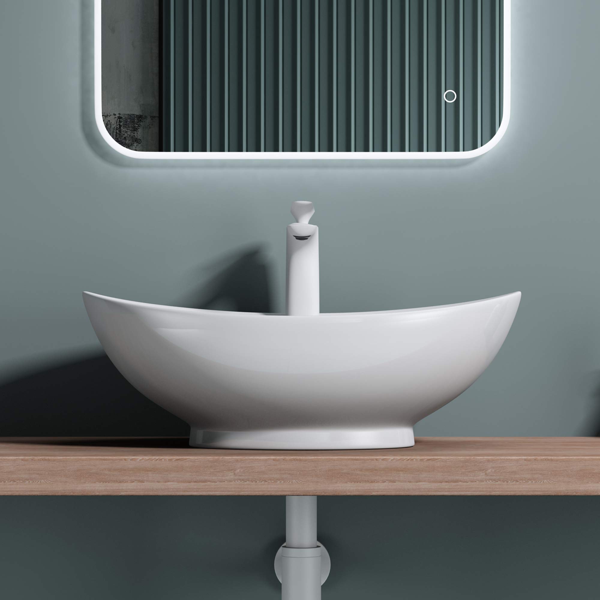 doporro Lavabo da Appoggio in Ceramica Bianco Lucido, Lavandino Bagno Moderno con Foro Rubinetto e Rivestimento Nano 59x39x21 cm Brüssel302