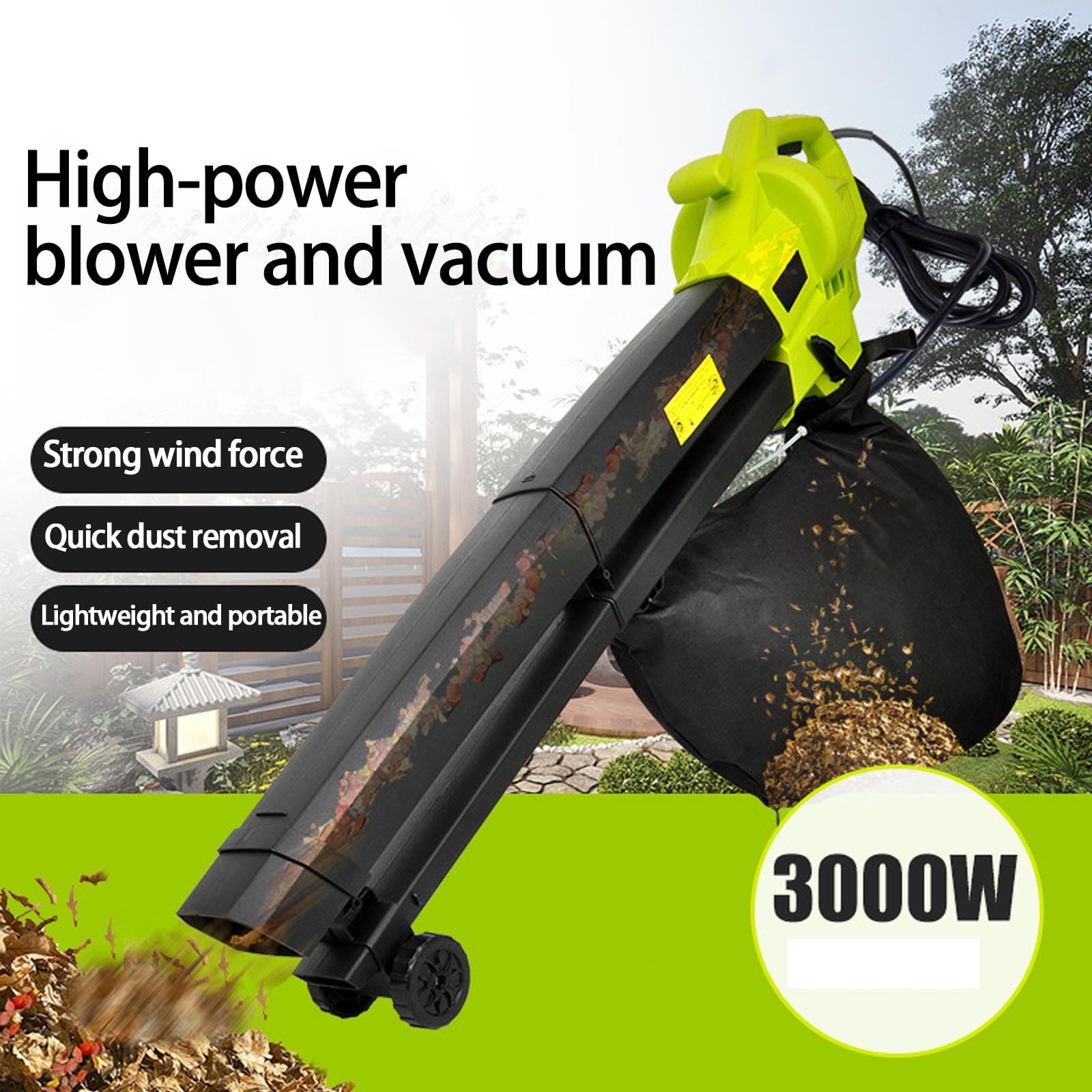 Soffiatore elettrico per foglie, 3000 W, strumento da giardino leggero con modalità di soffiaggio e aspirazione rapide per una cura efficiente del prato e manutenzione del cortile