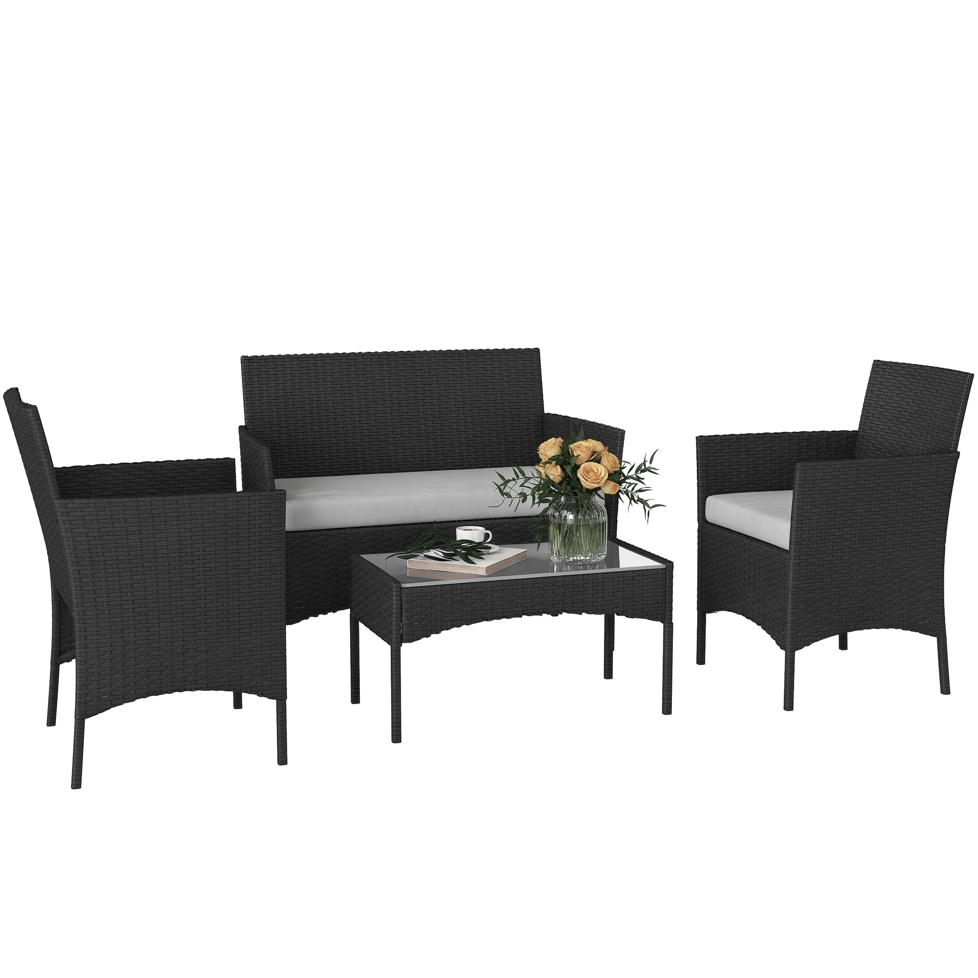Outsunny 4 Seater Rattan Garden Furniture Set, 4 Piece Garden Sofa Set with Loveseat, Armchairs, Glass-Top Coffee Table, Cushions, Wicker Outdoor Furniture for Conservatory Patio, Cream White — view 11