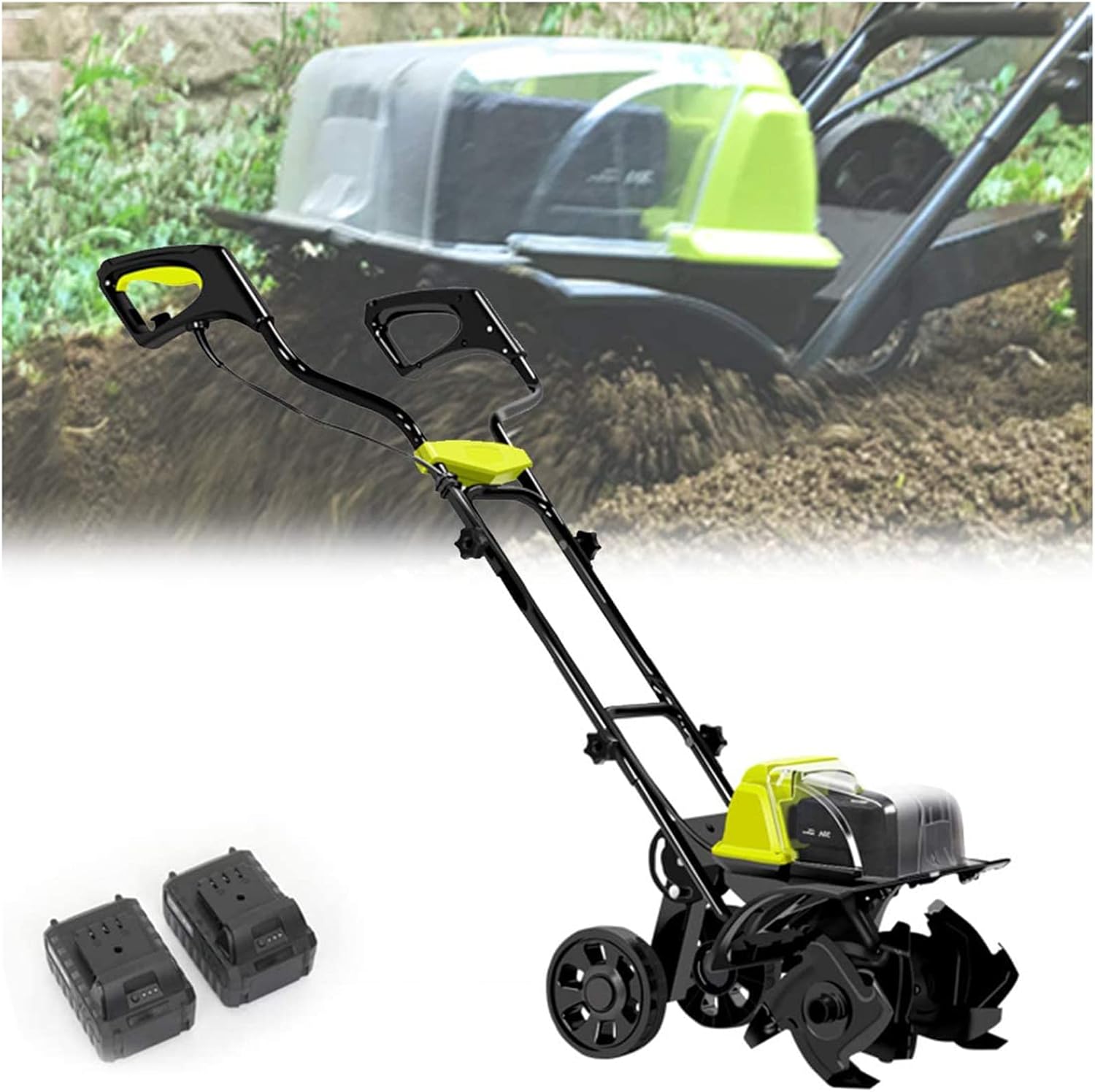 Desconocido Rotavator inalámbrico, cultivador de jardín inalámbrico con batería Recargable y Cargador de labranza, Profundidad 18 cm, Ancho de Tierra cultivada 36 cm, cultivador Ajustable para