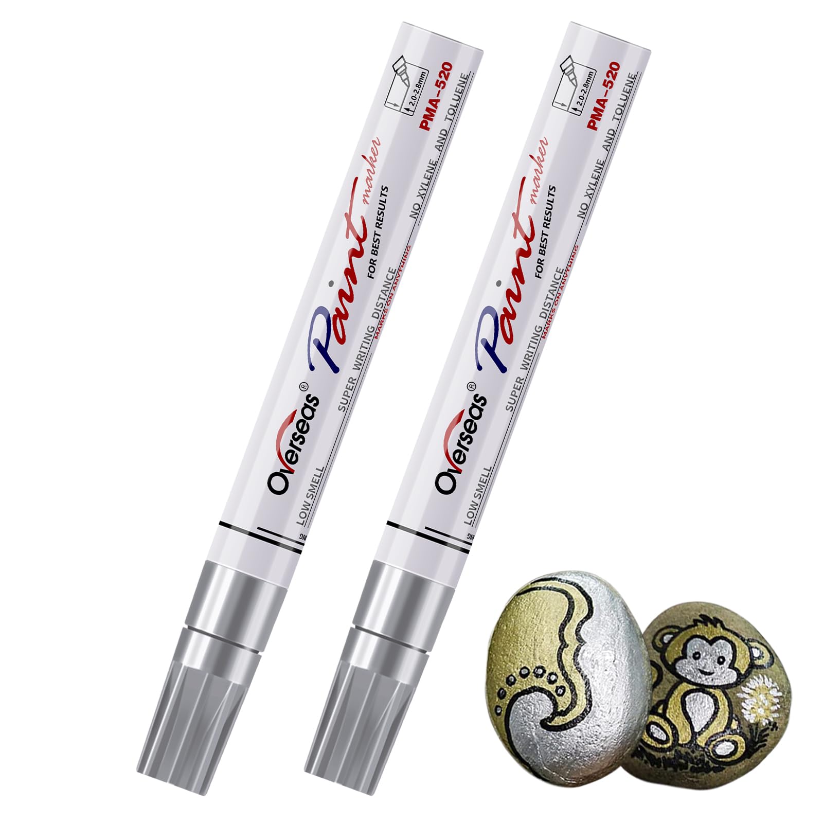 Overseas Permanent Paint Pens Silver Markers - 2 Pack Metallic Oil Based Paint Markers, Medium Tip, Quick Drying and Waterproof Marker Pen for Metal, Rock Painting, Wood, Plastic, Canvas, Mugs