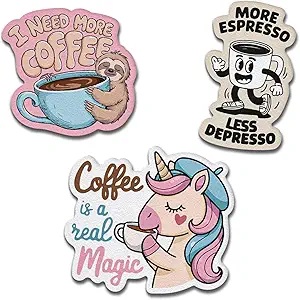 Coffee-Themed Stickers and Patches for Backpack and T-Shirt, 3-Piece Set with Sloth, Espresso Cup, and Unicorn Patches