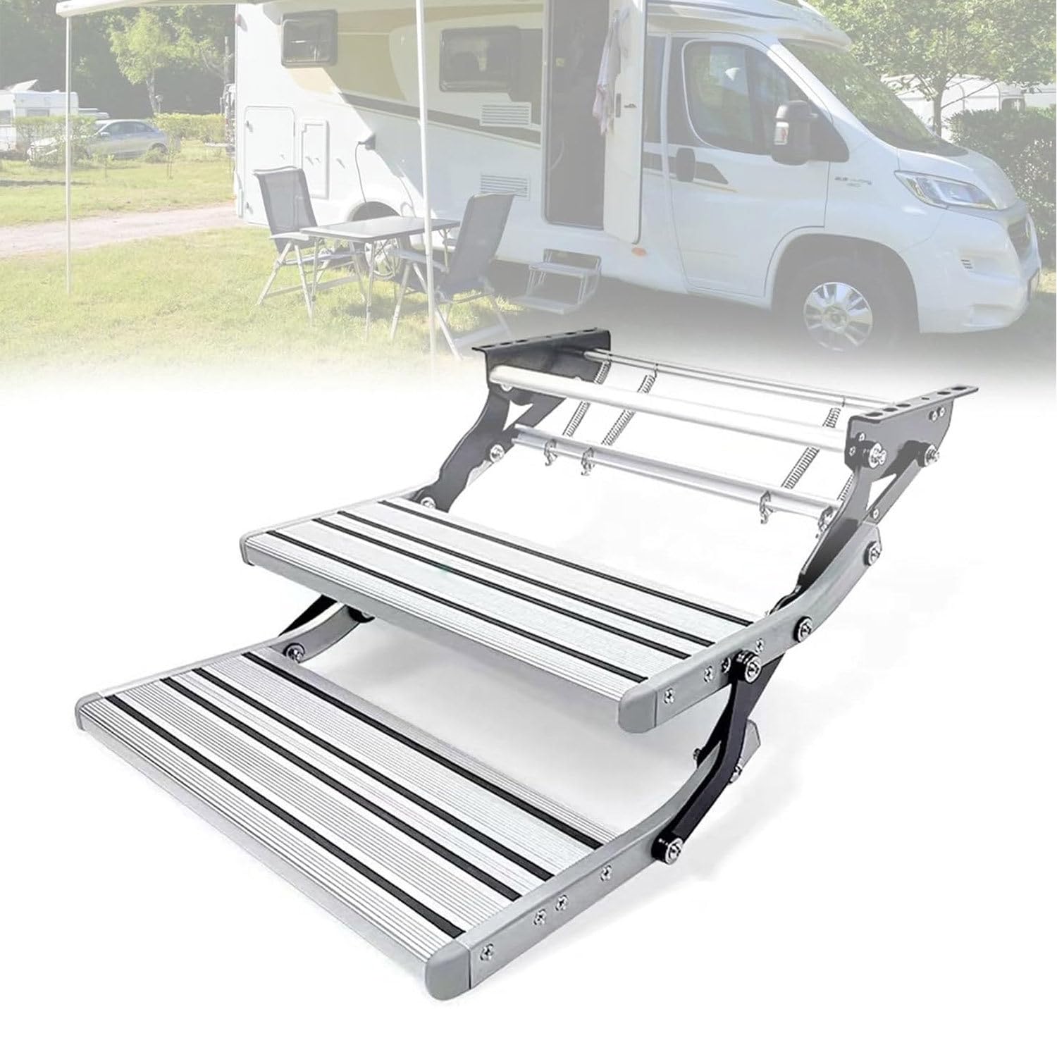 Wohnmobiltreppe, Faltbare, herunterklappbare manuelle elektrische Treppe, Wohnmobil-Tritthocker, Wohnmobil-Einstiegstreppe, 200 kg Tragkraft, eloxiert, mit LED-Licht 2-Step-Manualwithlight