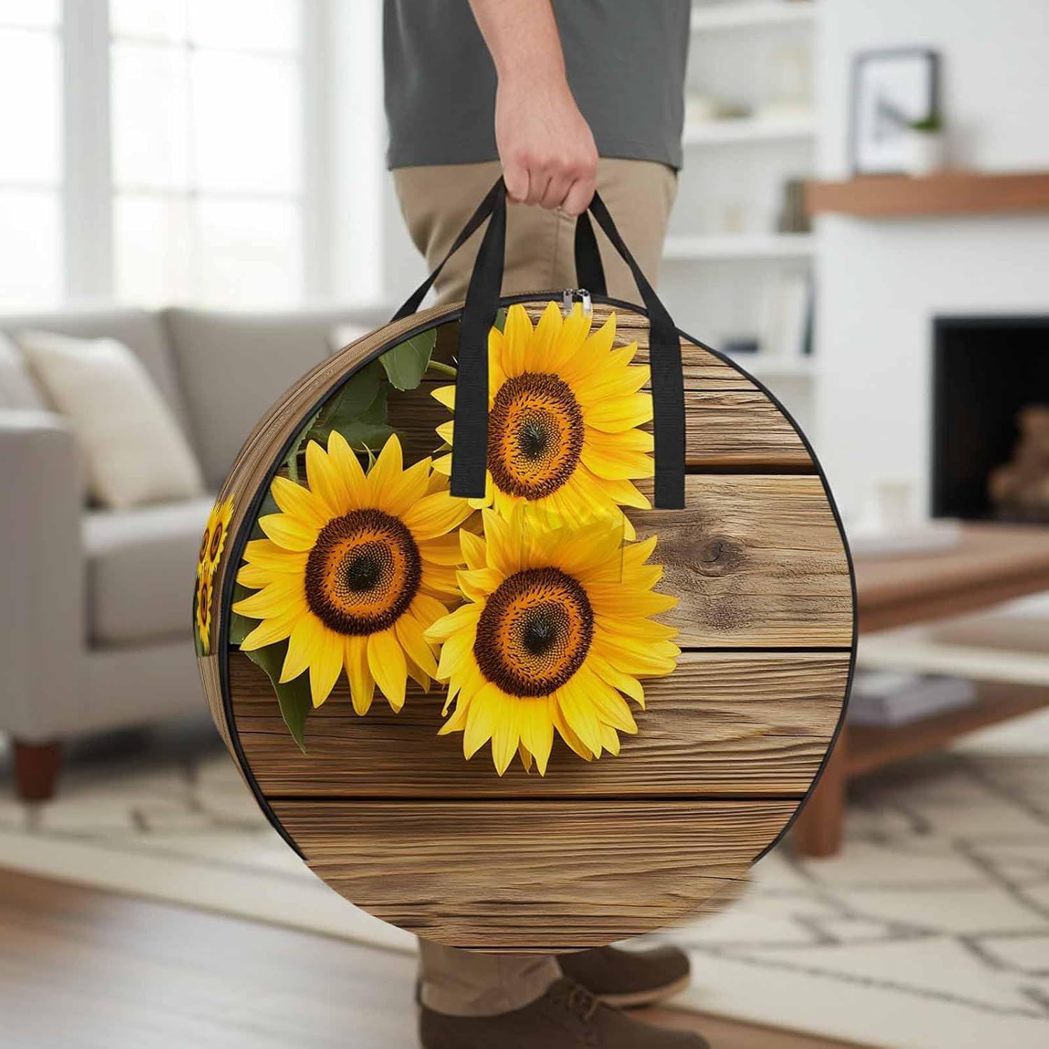Retro Round Storage Bag 36 Inch, Sunflowers Rustic Wood Grain Texture Pastoral Style Clothes Storage Container with Handles Heavy Duty Organizer for Comforter, Bedding & Holiday Wreaths
