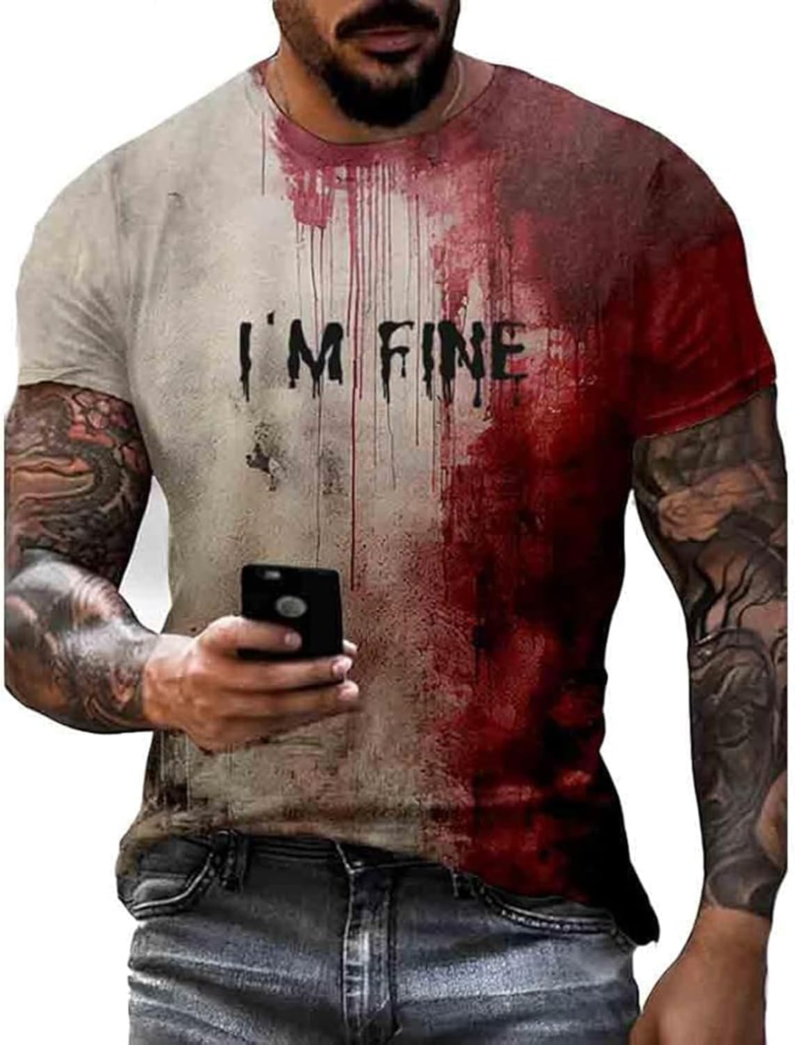 SALULAYERI'm Fine Blood Shirt Men Funny Halloween Bloody Horror Tshirts Blood Splatter Stain Casual Tee Scary Movie Tops