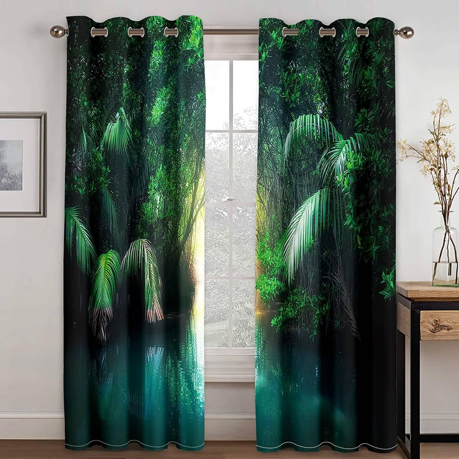 Schlafzimmer Vorhänge Blickdicht, 152x183cm Grün See- und Baummuster Vorhang für Schlafzimmer