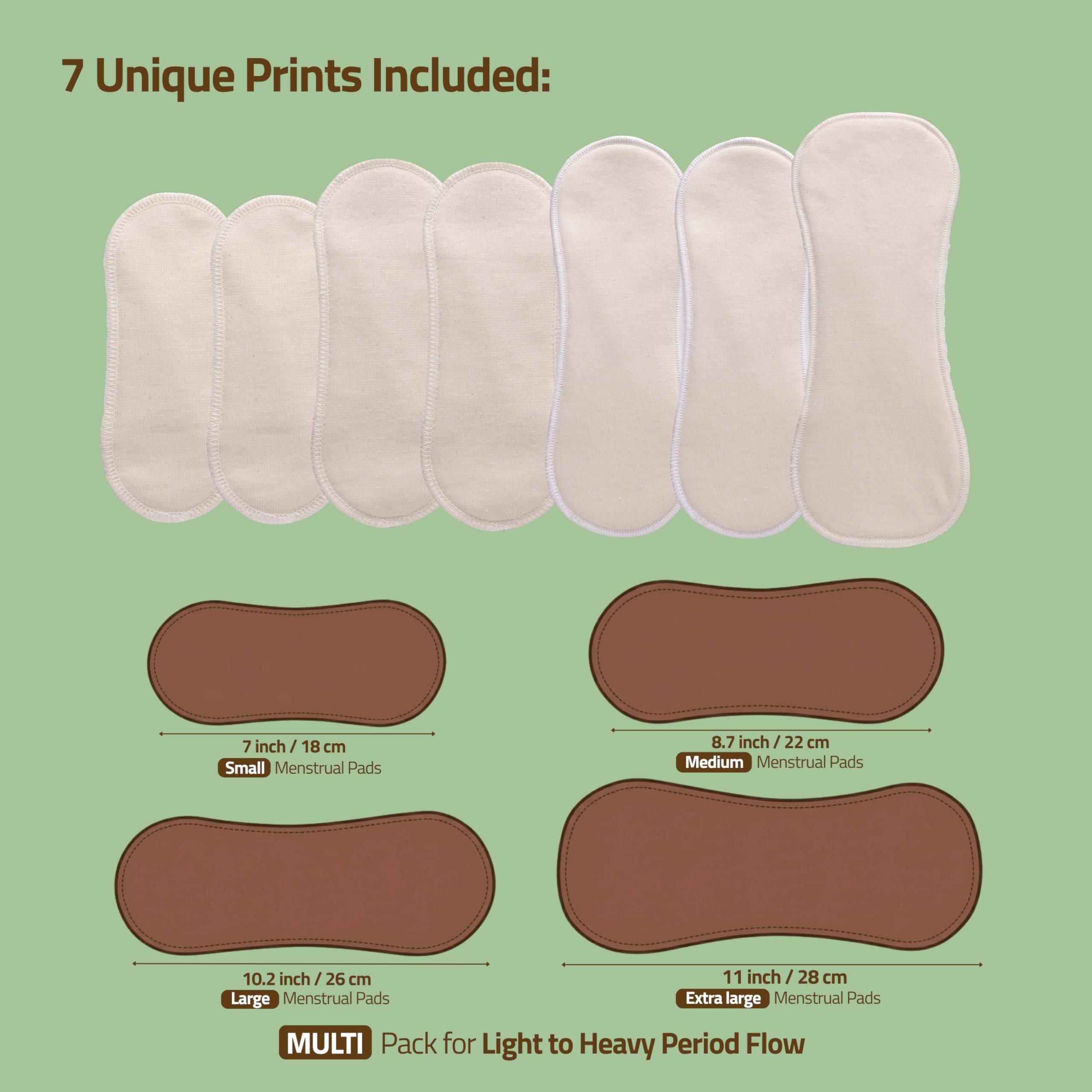 Assorbenti Lavabili Cotone Biologico; Assorbenti Riutilizzabili 7-Pack + Borsa (S,M,L,XL) PRODOTTI IN EU; Assorbenti Lavabili Piccoli Flusso Abbondante, ciclo mestruale, l’incontinenza, il dopo parto