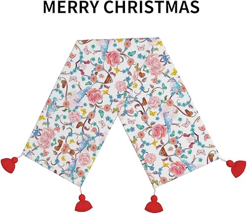 Miniatura 3 de Camino de mesa de lino de imitación de mariposas y pájaros florales románticos, elegante mantel de decoración navideña para decoración de mesa de