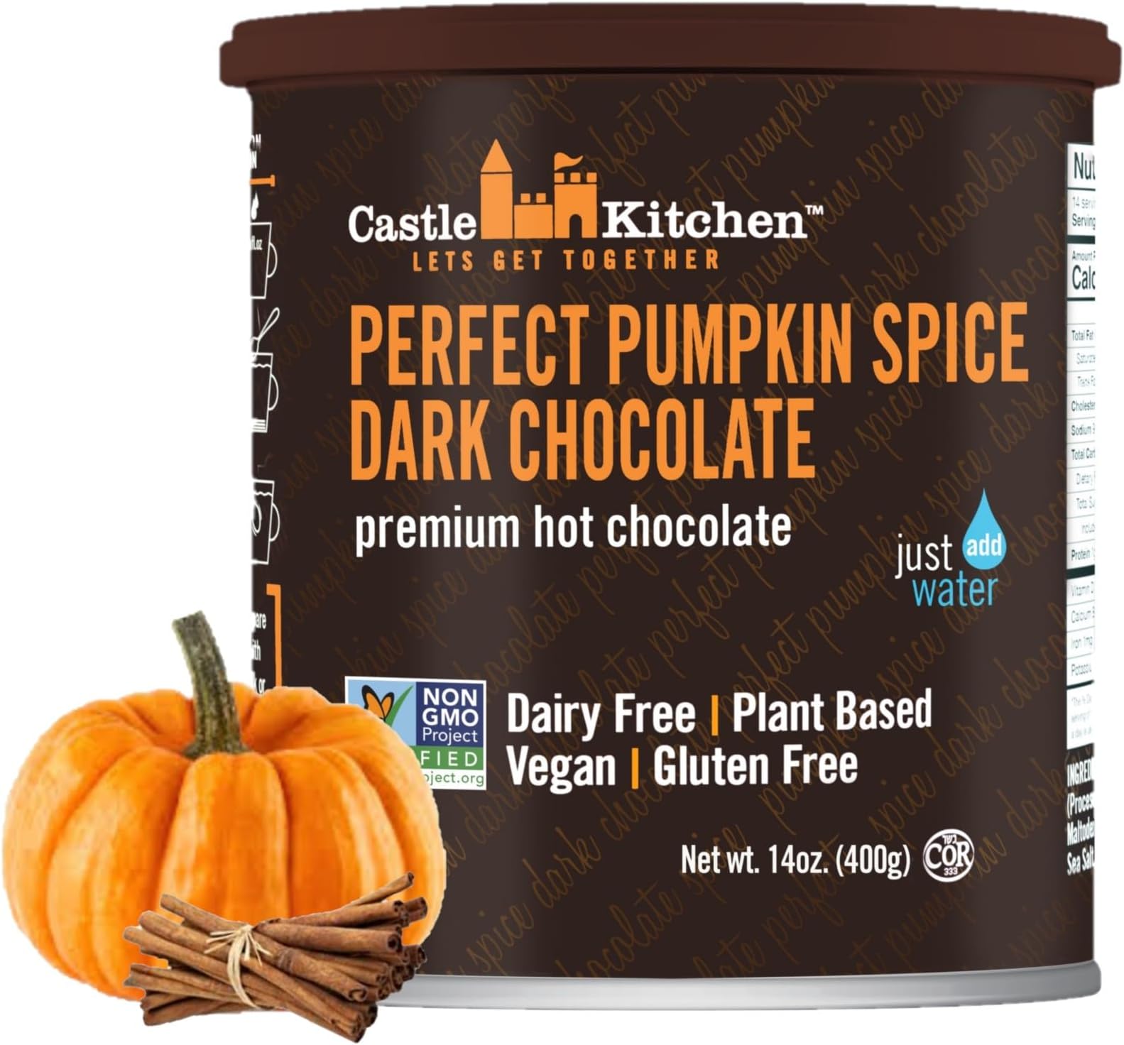 Castle Kitchen Pumpkin Spice Hot Chocolate (14 oz)-Dairy Free, Vegan Hot Cocoa Mix made With Decadent Dark Chocolate and Natural Flavors-Just Add Water-Unique Fall Flavor With No Artificial Sweeteners