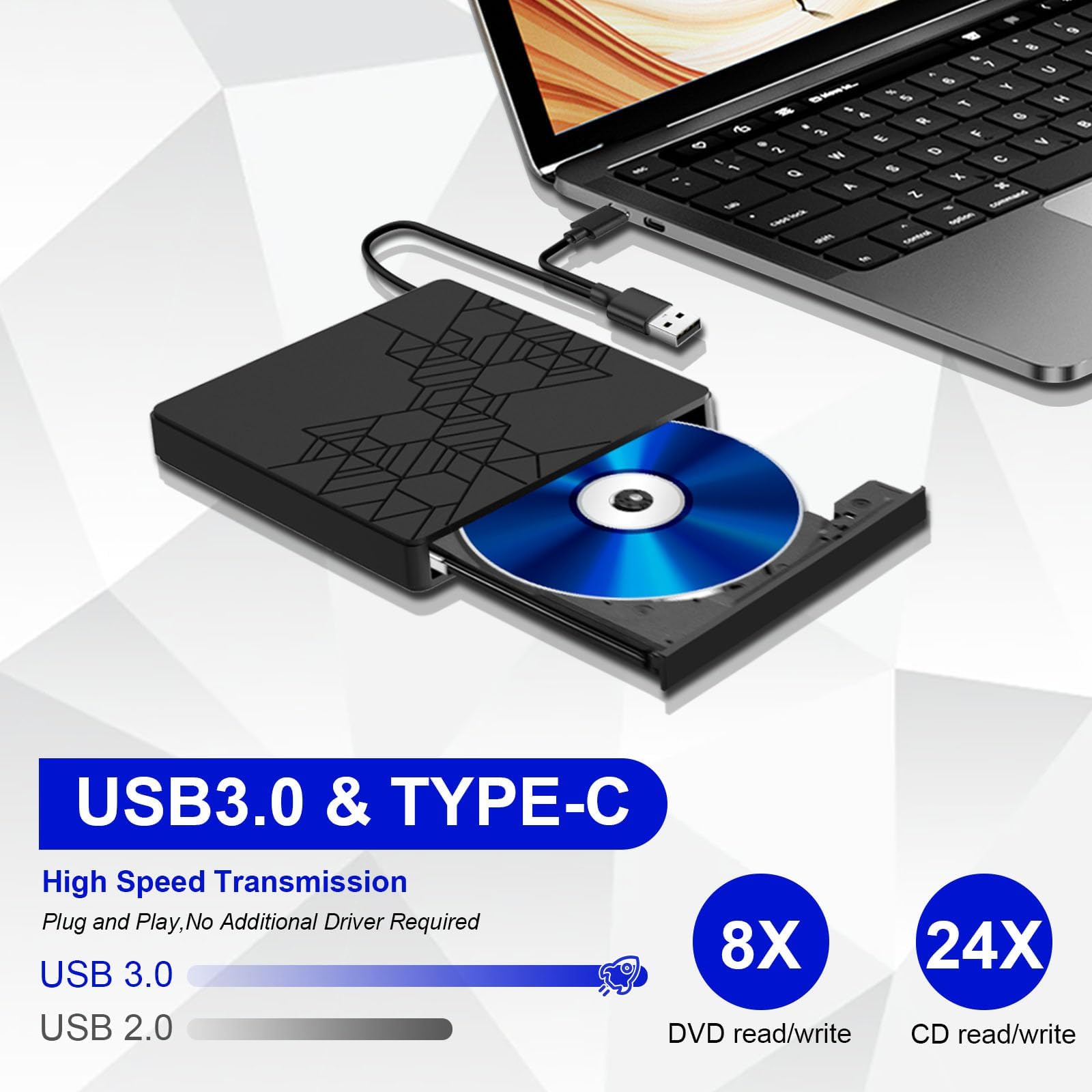 RUIZHI BLU-Ray - Unidad Externa de CD DVD para Ordenador portátil Windows 11/10/7, MacBook, Color Negro