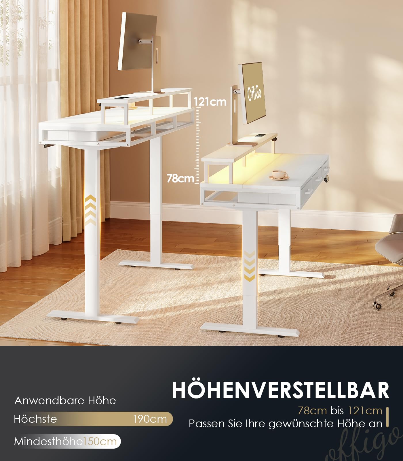 OffiGo Höhenverstellbarer Schreibtisch mit Monitorständer, 120cm Elektrischer Schreibtisch mit Schubladen, Standing Desk mit Steckdosen und Lichtleiste, Tisch Höhenverstellbar Bürotisch, Weiß