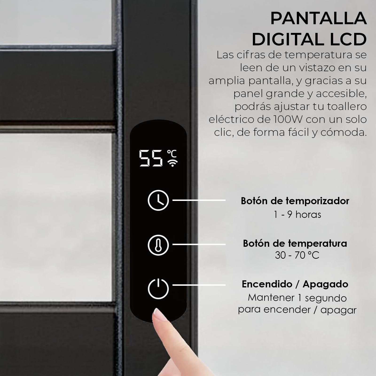 YOEVU | Toallero eléctrico | 100W, Compatible con Alexa | Estante Superior | Pantalla LCD táctil, Control WiFi, Montaje en Pared | Aleación de Aluminio, Negro