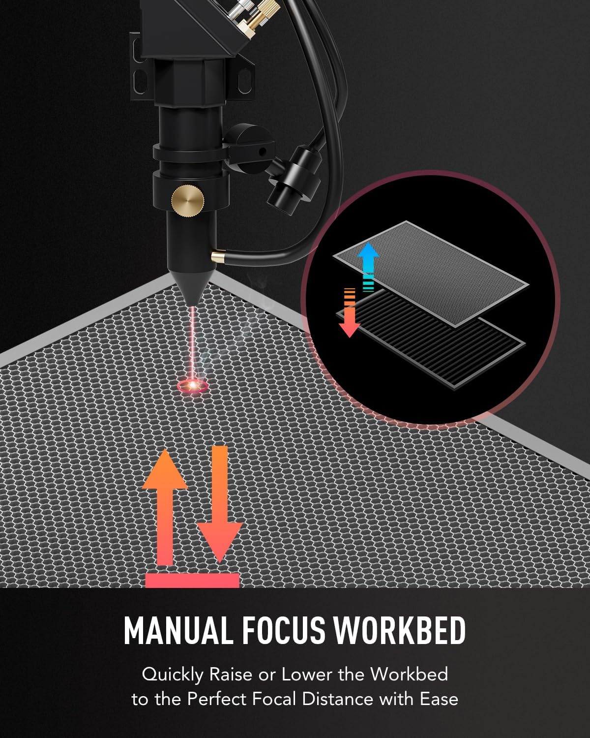 Diagram illustrating manual focus workbed adjustment on the OMTech laser engraver