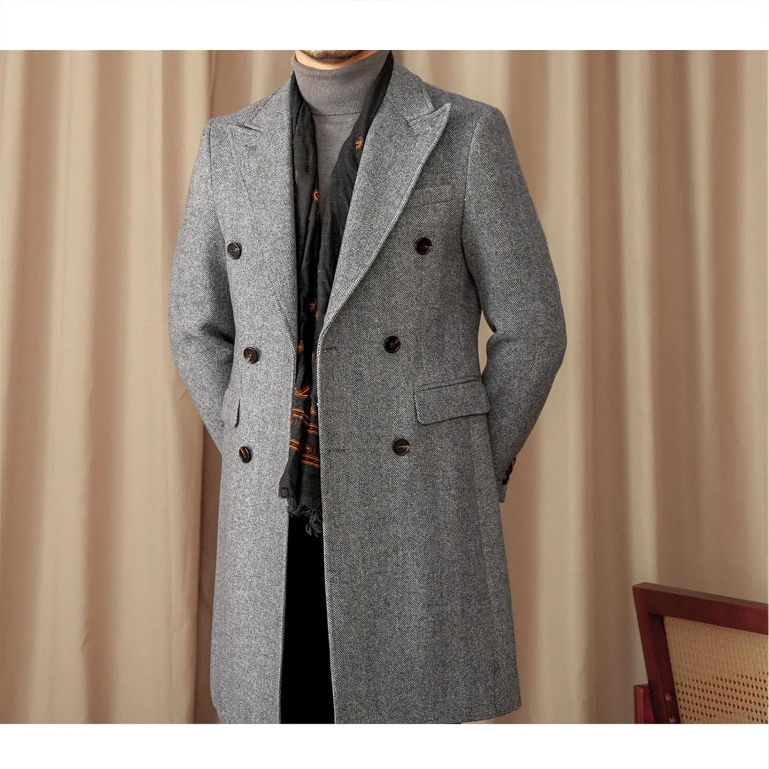 Mens Winter Wool Herringbone Pattern Mid-length Double-breasted Coat Slim-fit Warm Jackets