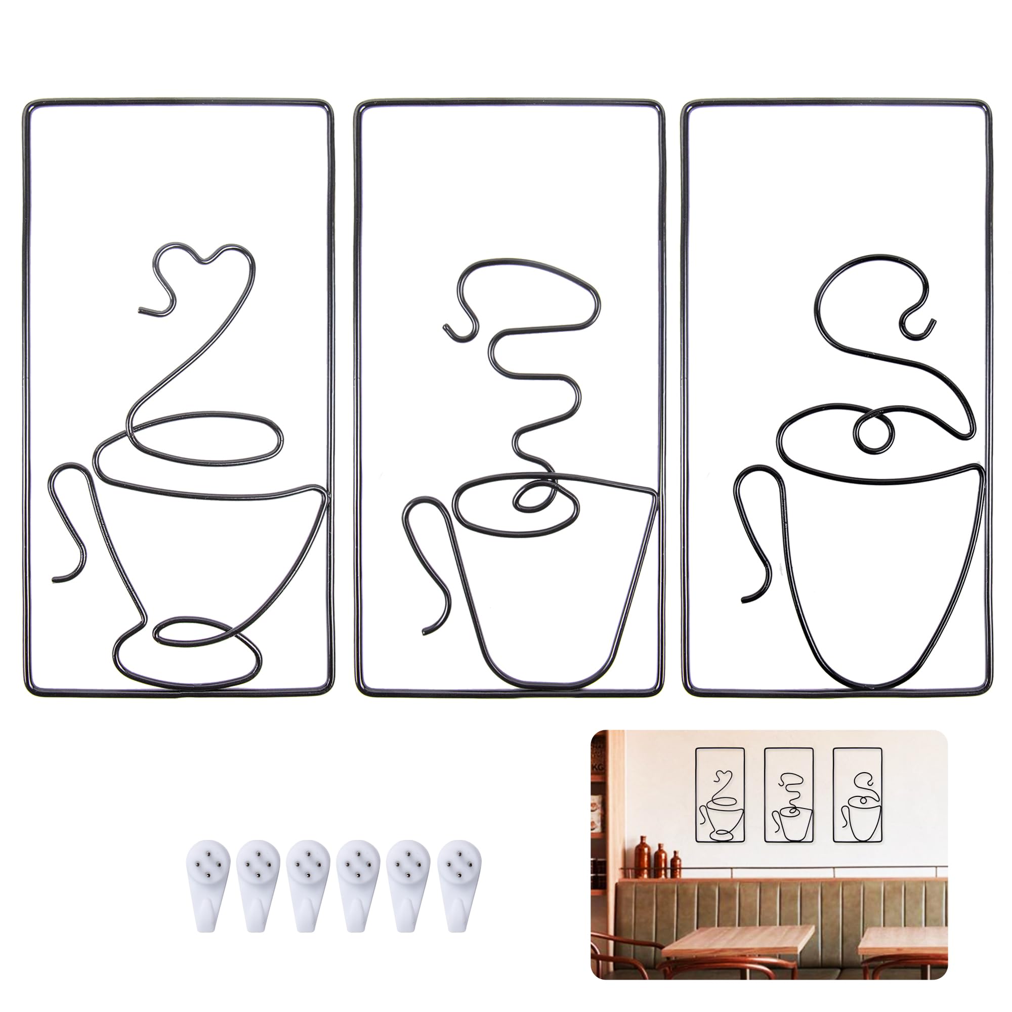 jinminamz Decoración de Pared, Adornos Pared Metalicos Café Tazas Metal Cuadros Decorativos Minimalistas Quadros para Casa Cocina Coffee Pasillo Salon Decoracion, 3 Piezas Negro 24 x 12cm