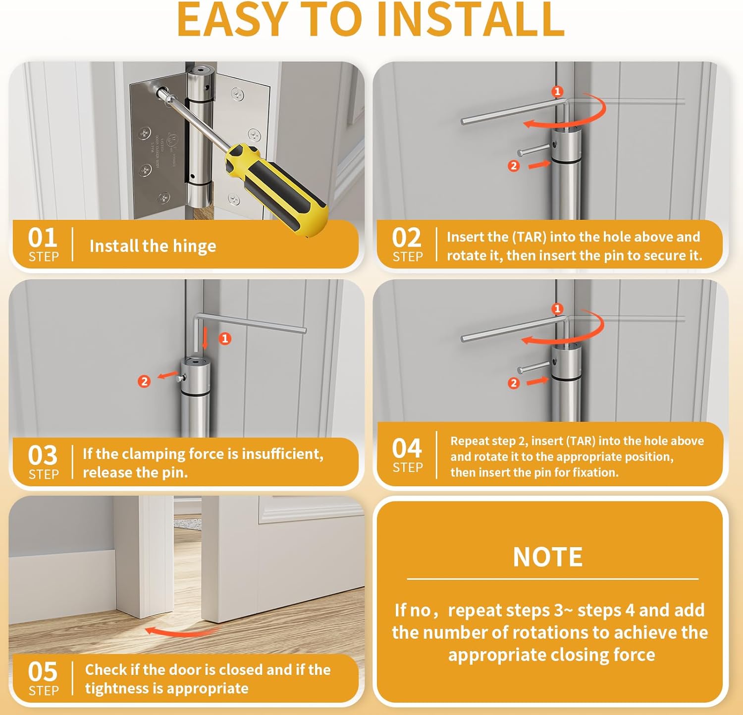 6 Pack Self Closing Door Hinges, 4.5" x 4.5" Spring Loaded Hinges with Square Corners, Adjustable Tension for Garage, Front Door, Back Door, for Left and Right Hand Door, UL Listed