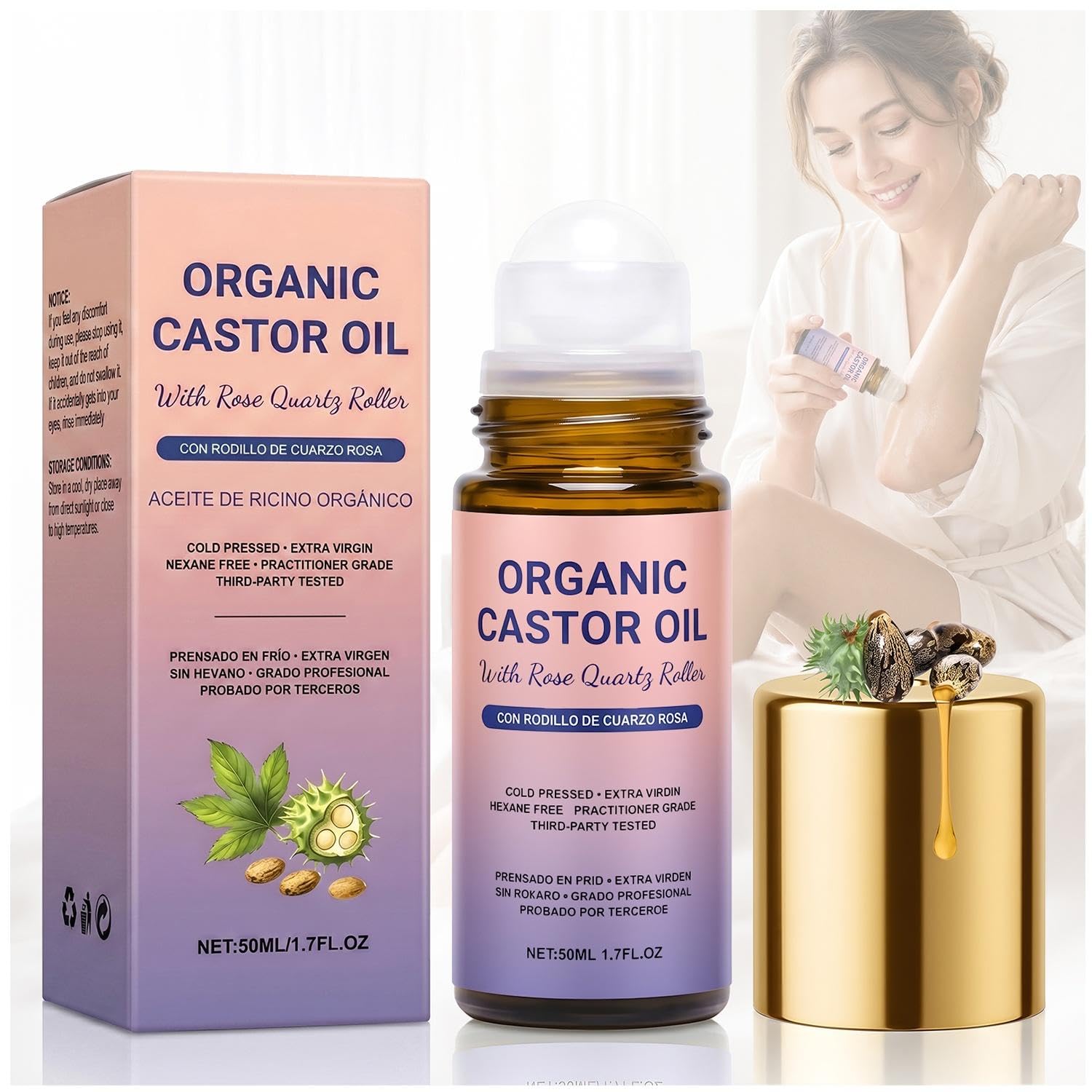 Organic Castor Oil Roll On with Rose Quartz Roller, 100% Castor Oil Organic Cold Pressed, for Face and Body, Hair, Eyebrows, Moisturize Skin It is an ideal gift for women-1pcs