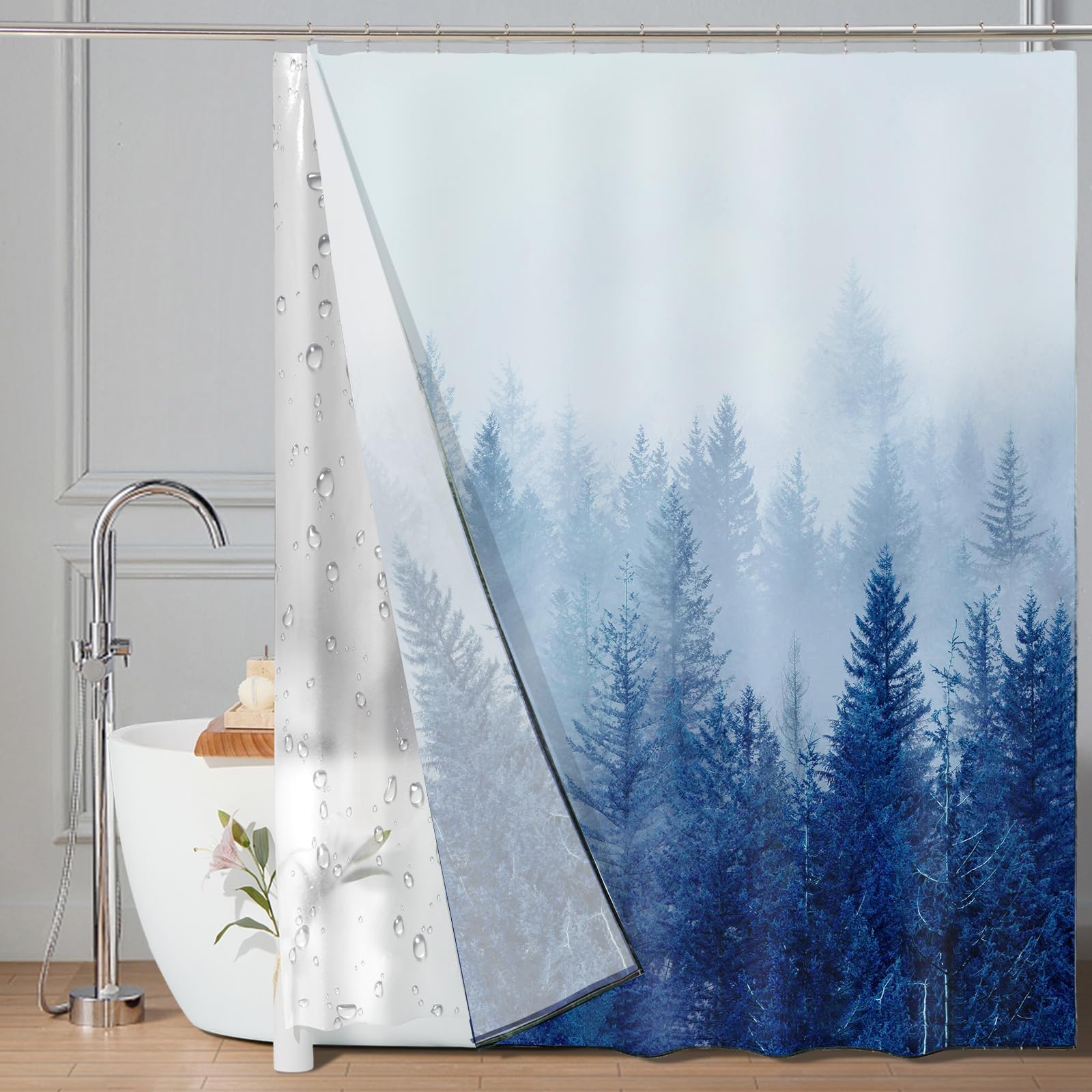 ORTIGIA 3 in 1 Waterproof Shower Curtain and Clear PEVA Liner Set with 12 Double Sided Metal Hooks, Blue Misty Forest Tree Shower Curtains for