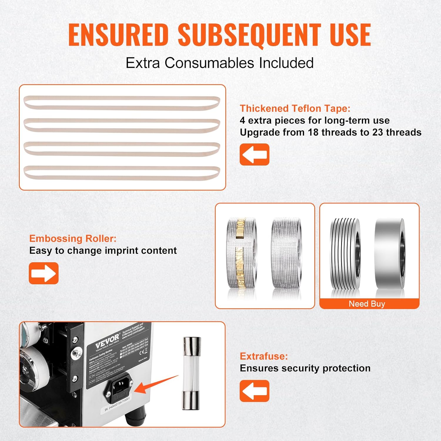 Accessories for Happybuy FR-770 Sealing Machine including Teflon tape, embossing roller, and fuse