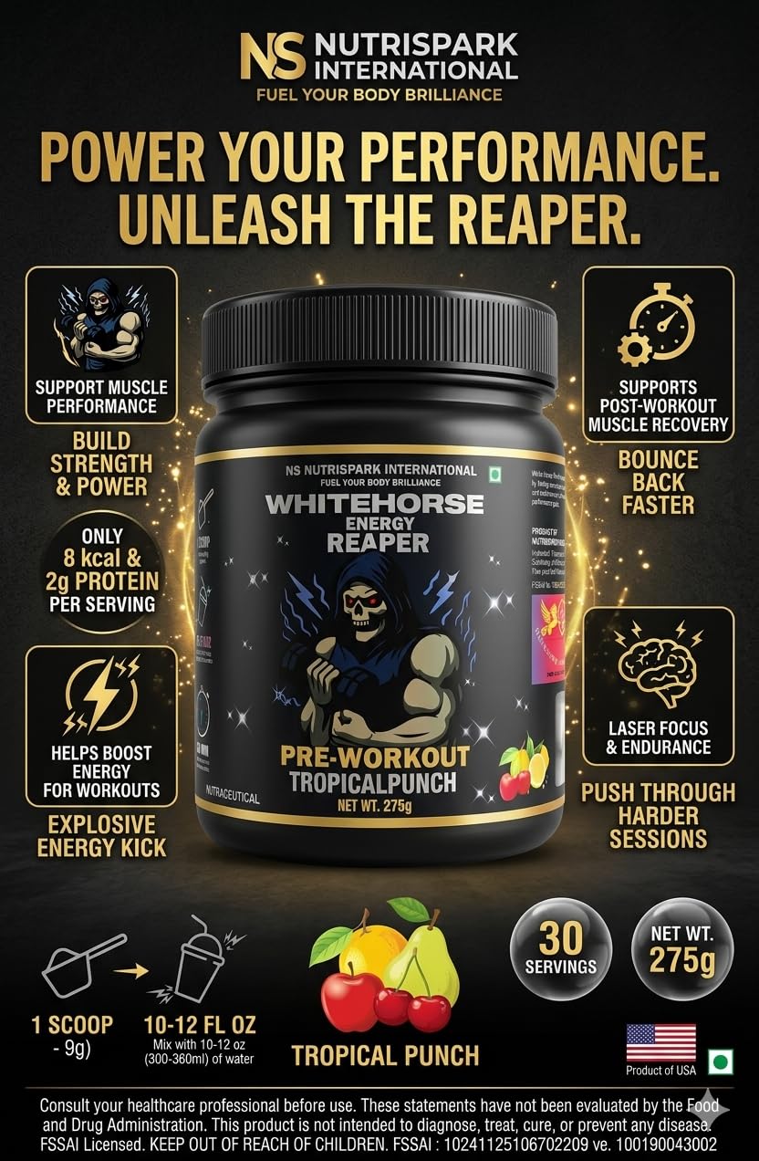 NutriSpark White Horse- Pre work out Workout Supplement with Creatine HCl, Beta-Alanine, Glutamine - Energy and Muscle Management, Unisex-Tropical Punch-275gm 2