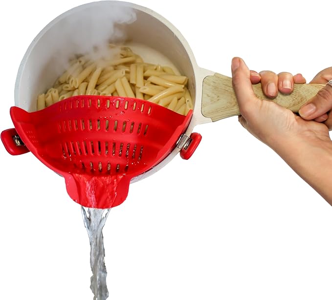 PERFECT PASTA PAL Clip-on Strainer for Pots - Silicone Pasta - Heat Resistant, Space Saving Colander for Kitchen - Dishwasher Safe Pot Strainer - Cooking Essentials and Home Must Haves
