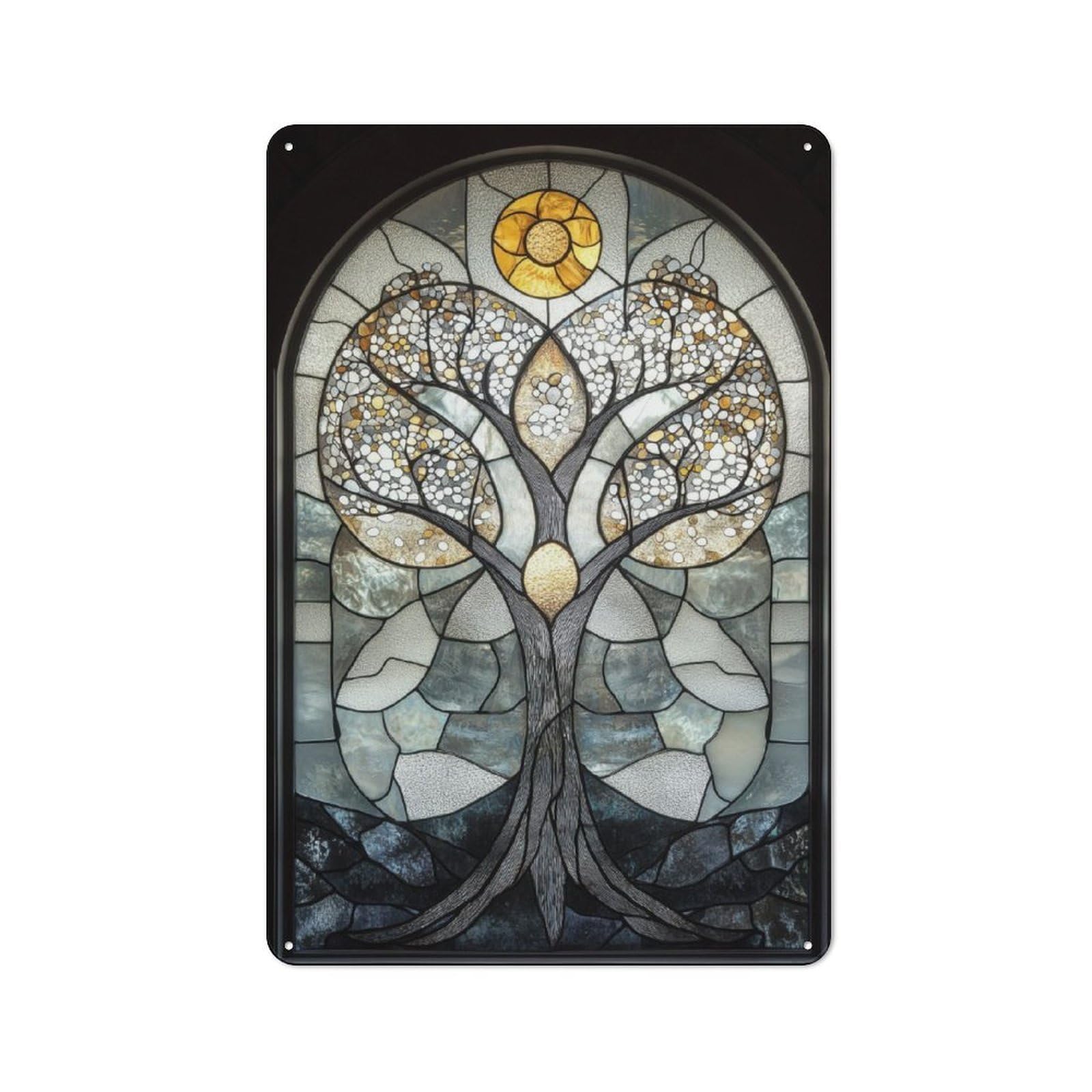 Junmoney Tree Stained Glass Artwork Metal Plaque 30X20cm With For Pub Or Café, Rustic Decor, For Garage, Workshop And Man Cave Decoration