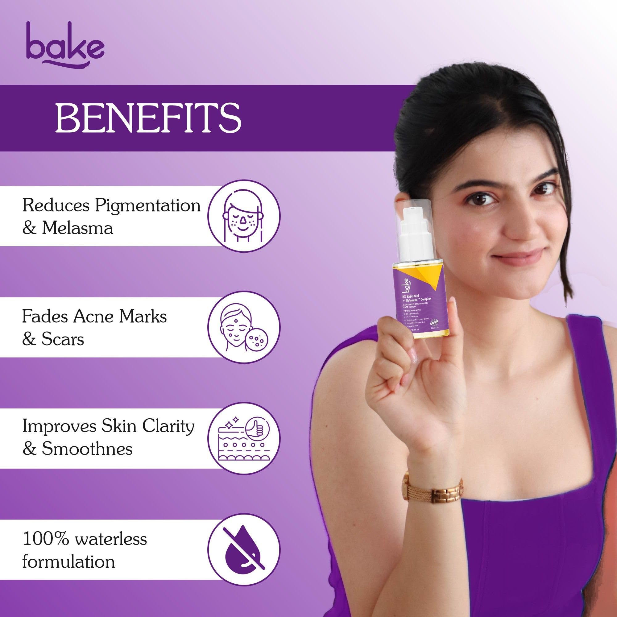BAKE 2% Kojic Acid Face Serum with MelasRx Complex, Alpha Arbutin & Niacinamide for Dark Spots, Pigmentation & Brightening Glow Skin| For Tan Removal & Sun Damaged Skin | Brightening Glow | 30ml 1