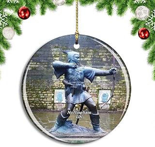 UK England Nottingham Robin Hood Statue Christmas Xmas Tree Ornament Decoration Hanging Pendant Decor City Travel Souvenir Collection Double Sided Porcelain 2.85 Inch