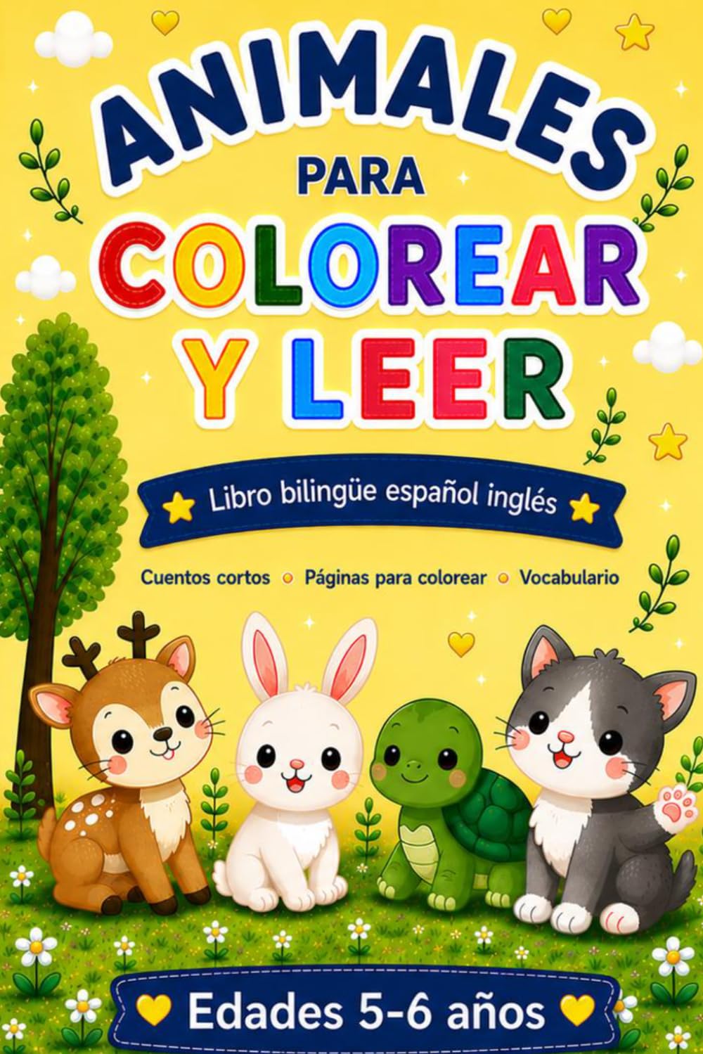 Animales para Colorear y Leer: Libro bilingüe Español-Inglés para niños de 5 a 6 años | Cuentos cortos y dibujos adorables para aprender vocabulario en dos idiomas